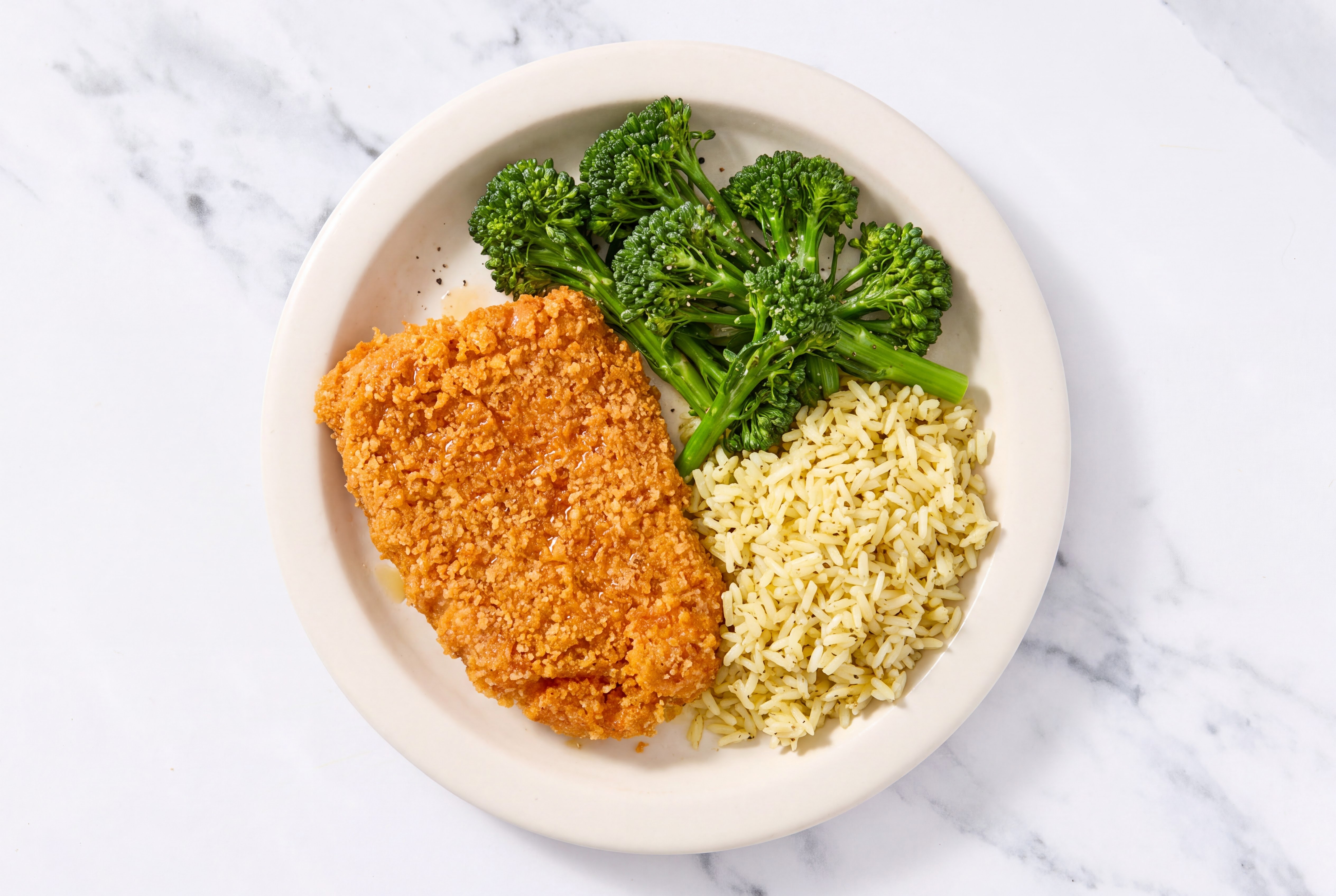 Hot Honey Breaded Chicken Cutlet with Baby Broccoli & Jasmine Rice