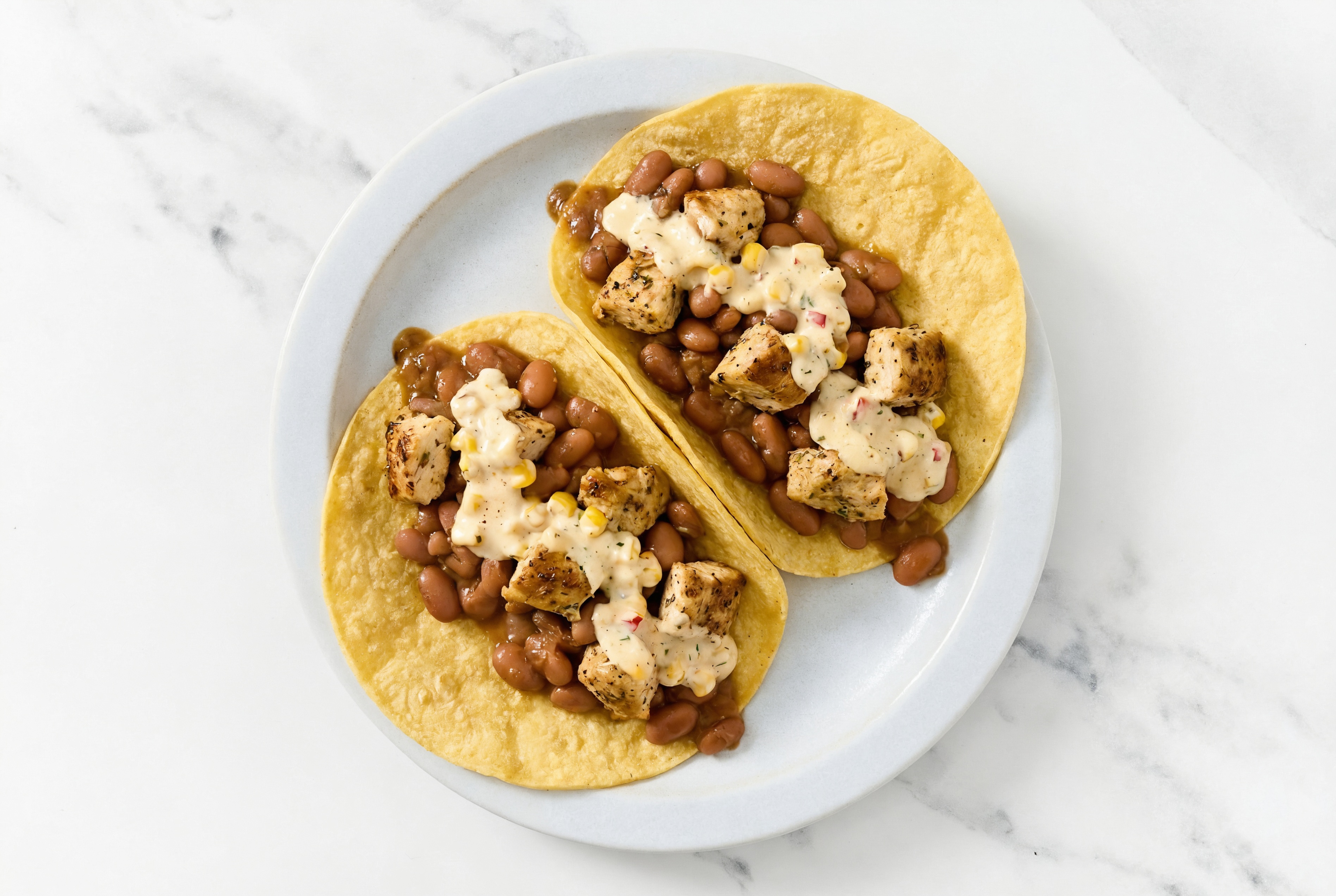 Garlic Chicken Tacos with Street Corn + Wheat Tortillas Sauce & Pinto Beans