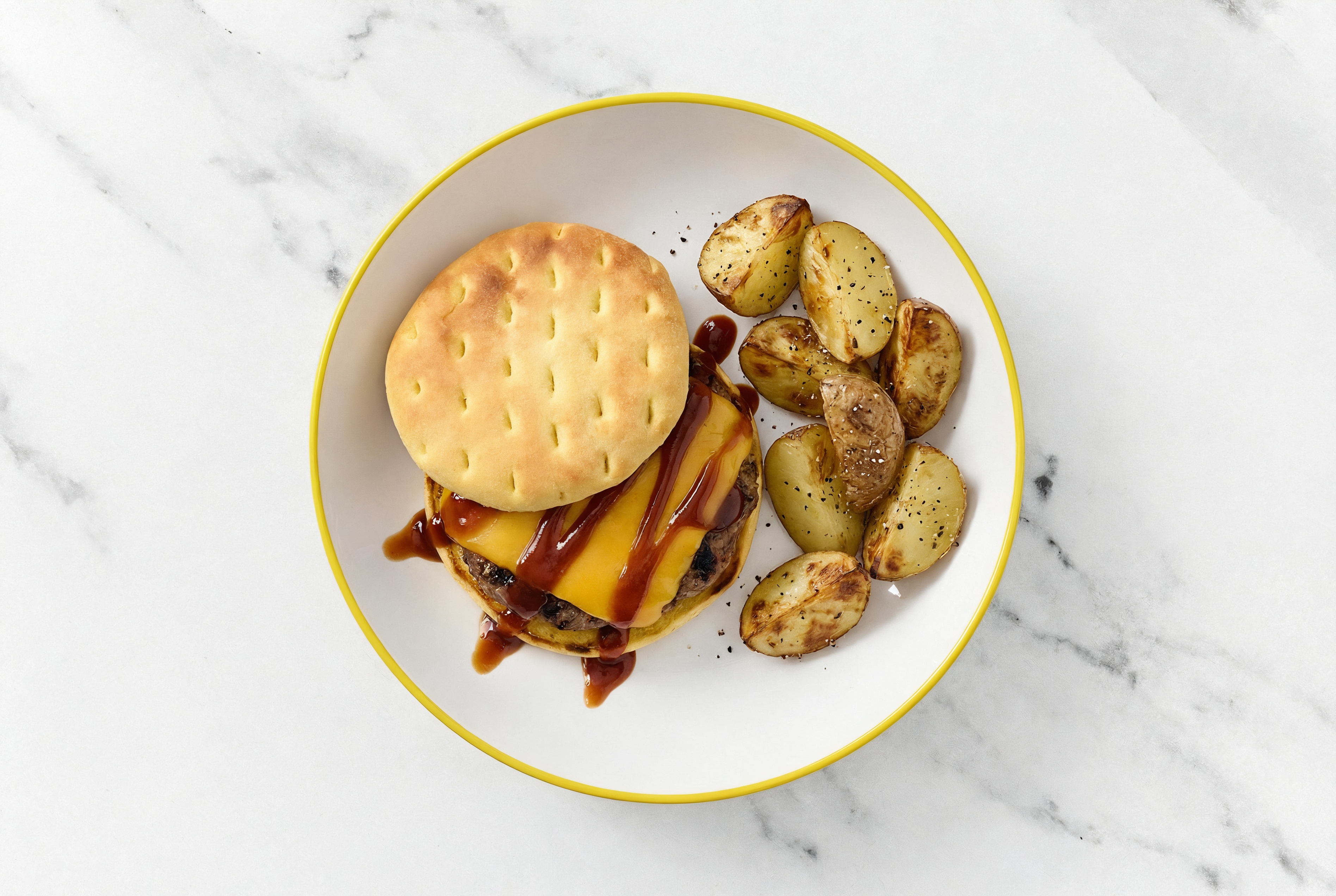 Savory BBQ Grilled Beef Cheeseburger + Yellow Potatoes