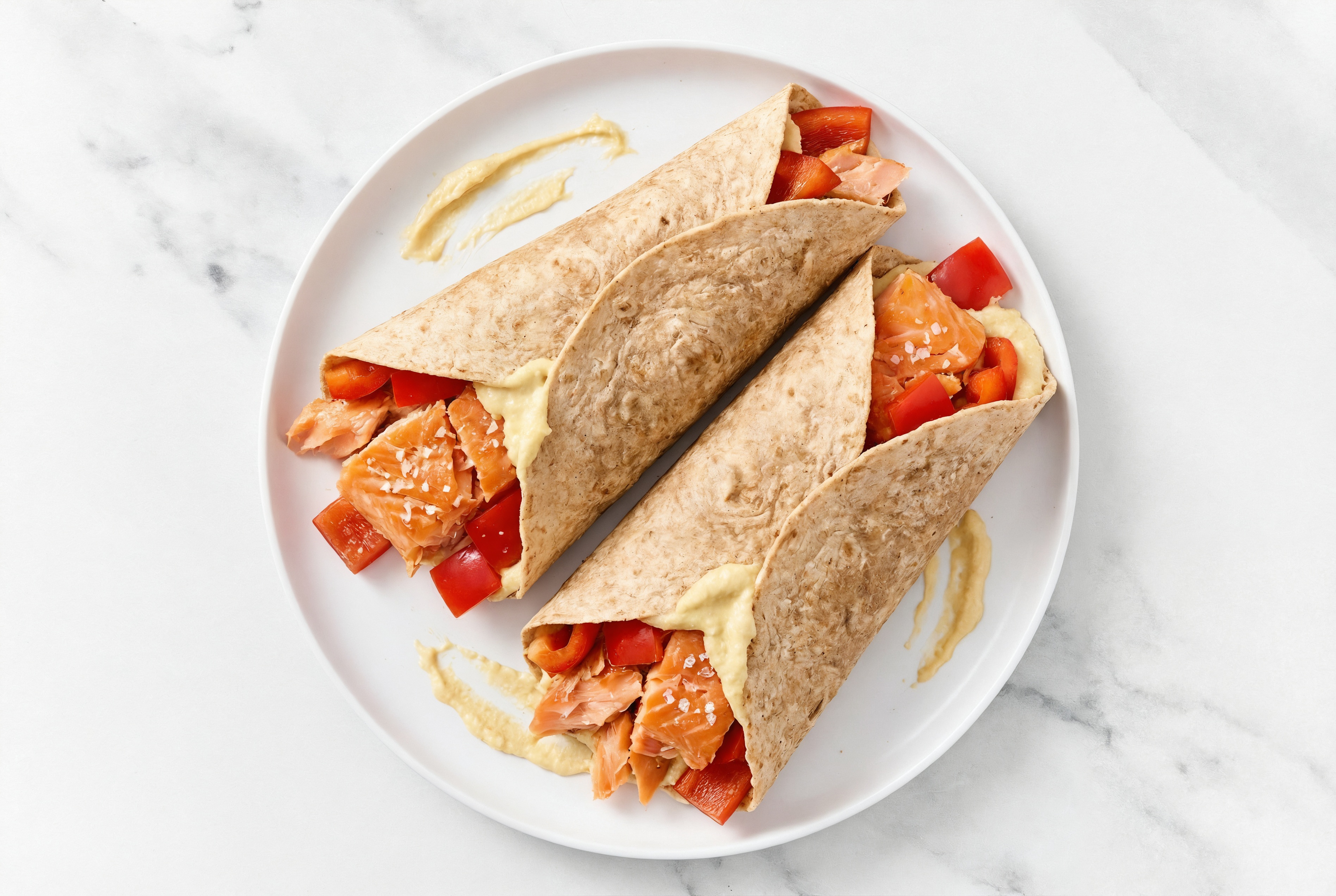 Grilled Salmon + Garlic Hummus Wrap with Red Bell Pepper