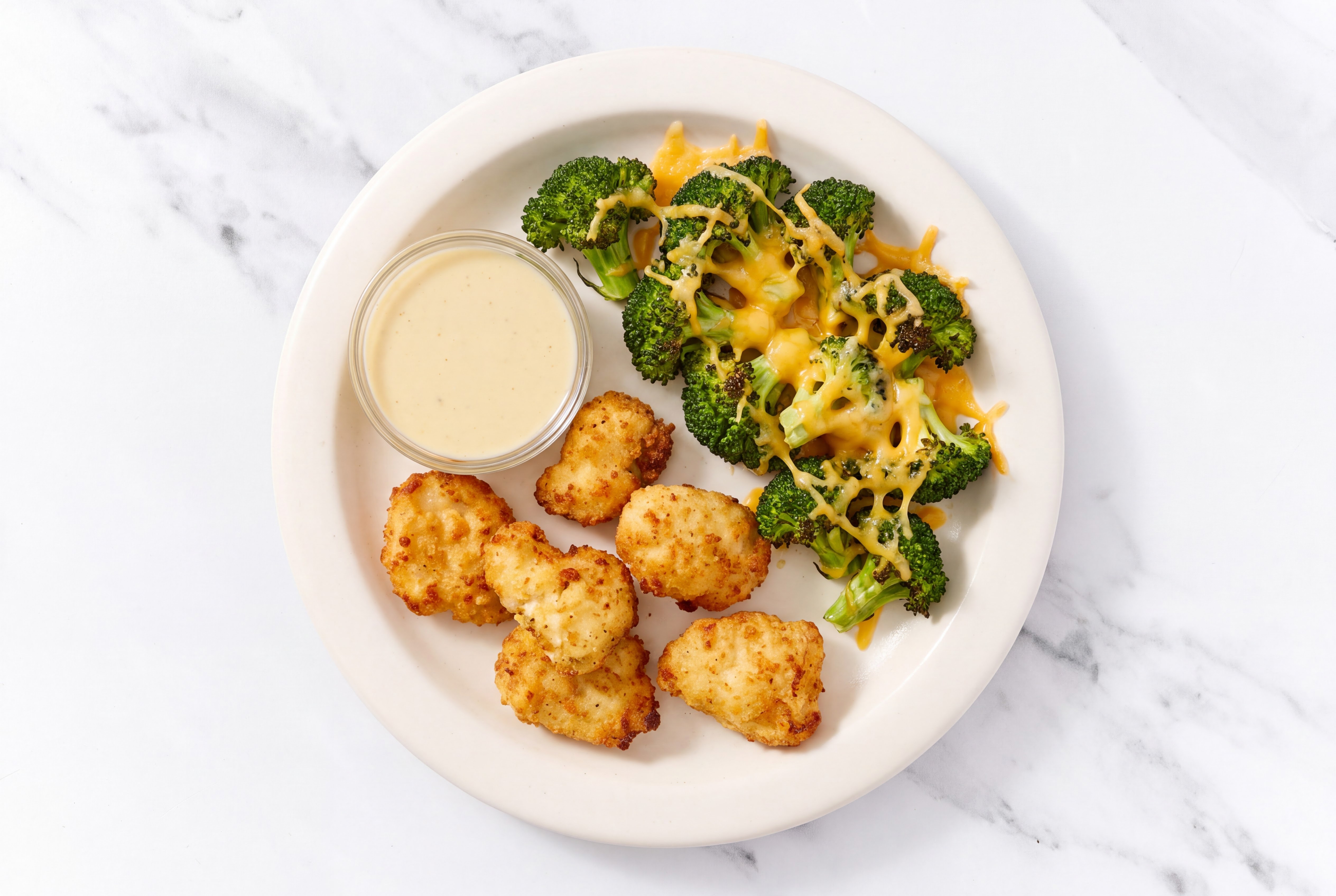 Chicken Nuggets + Cheesy Broccoli with Miso Caesar with Shredded Sharp Cheddar Cheese