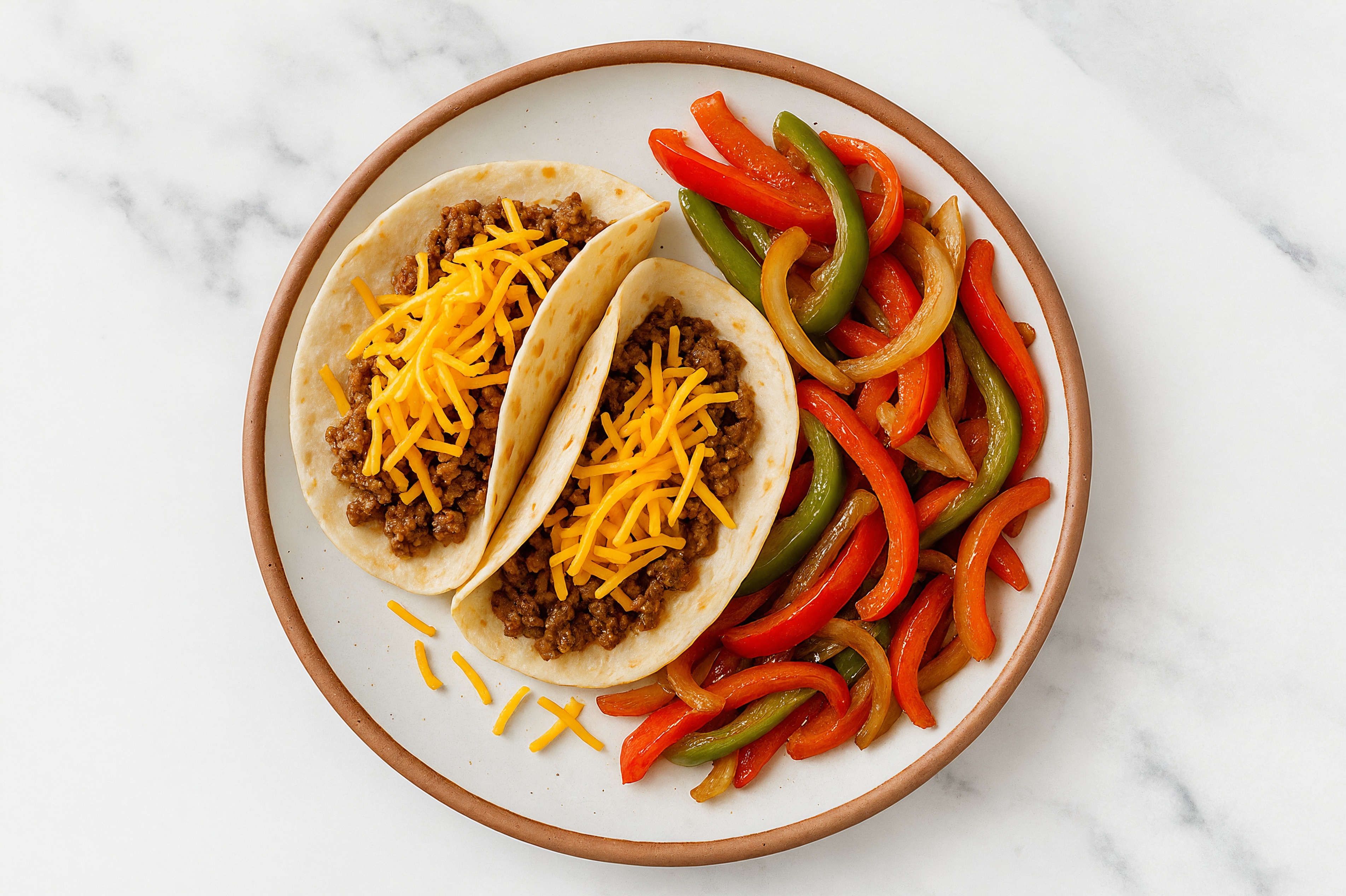 Cheesy Ground Beef Tacos on Flour Tortillas with Shredded Sharp Cheddar Cheese