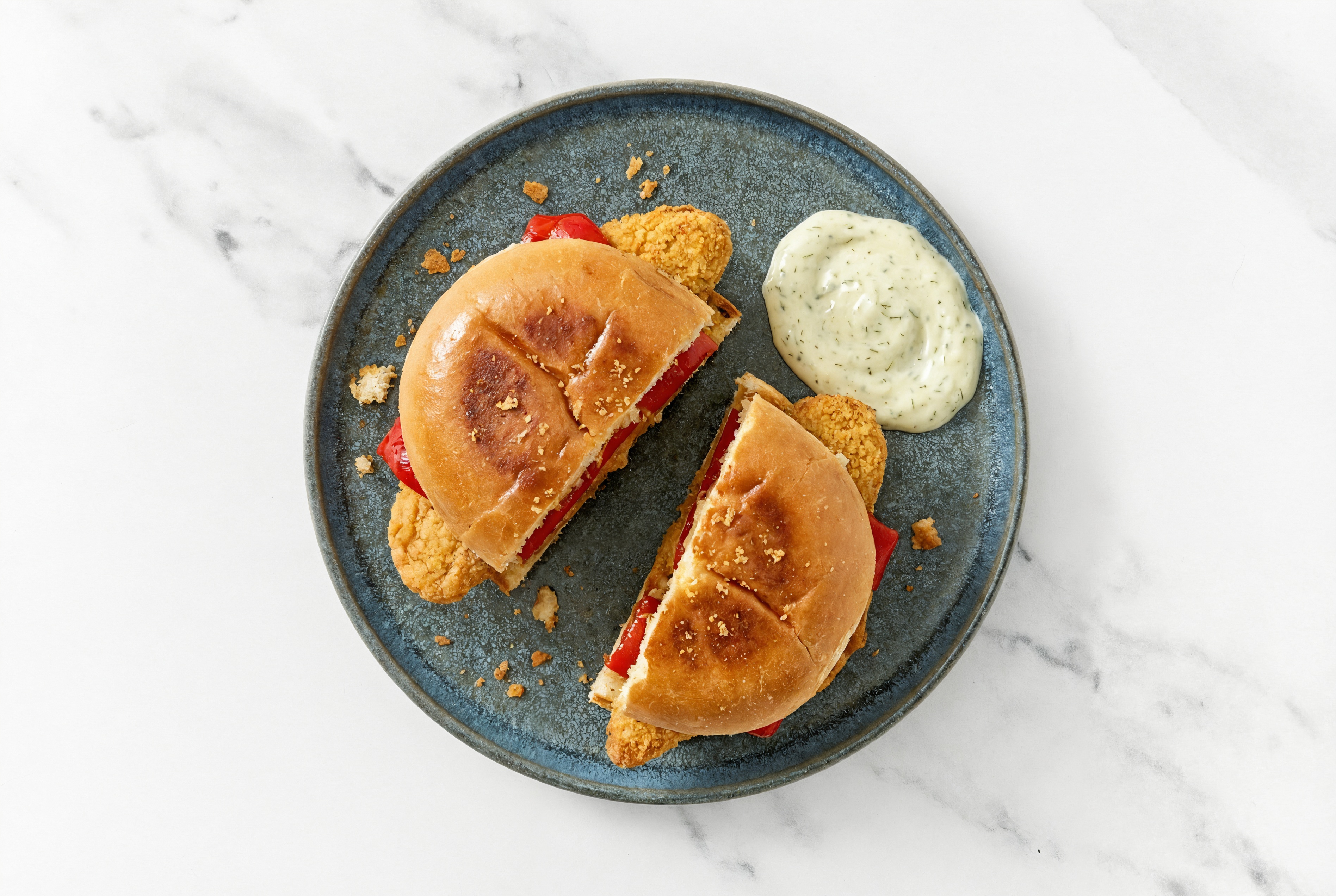Dill Pickle "Chicken" Tenders Sandwich with Roasted Peppers on Gluten-Free Buns