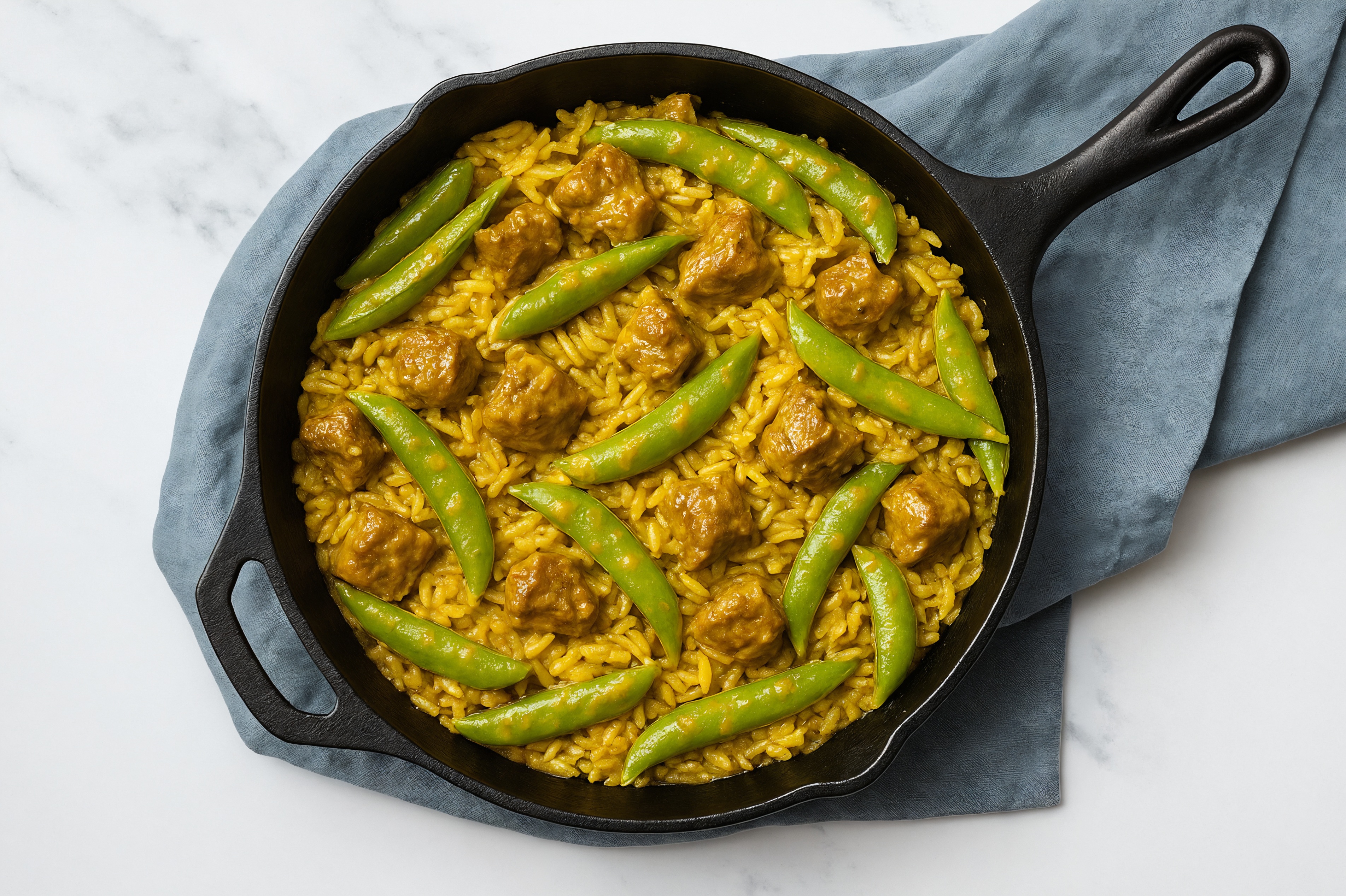 Curry Pea Snap + Bison Stir-Fry with Seasoned Jasmine Rice
