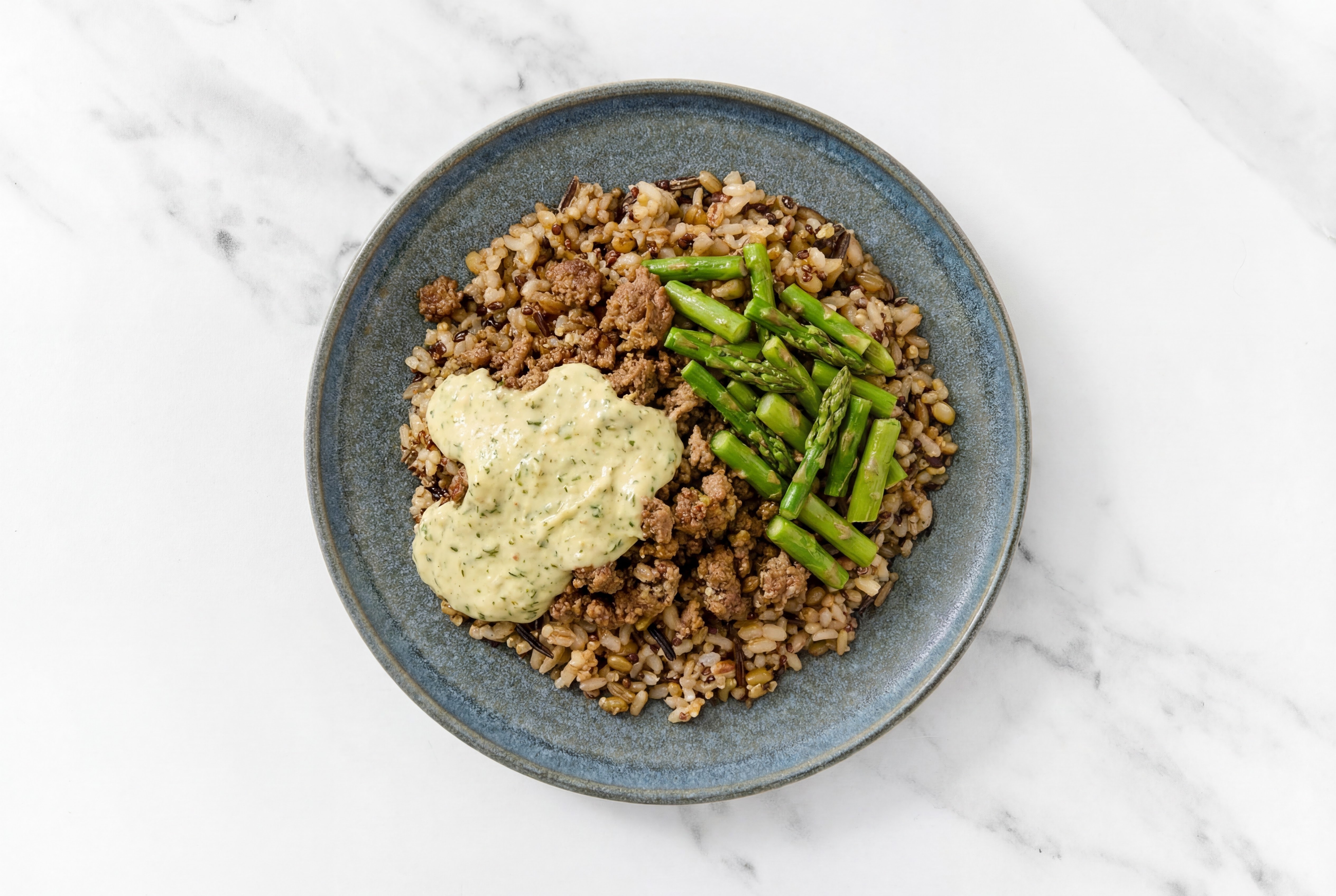 Ground Italian-Style Beef & Asparagus Grain Bowl with Spinach Artichoke
