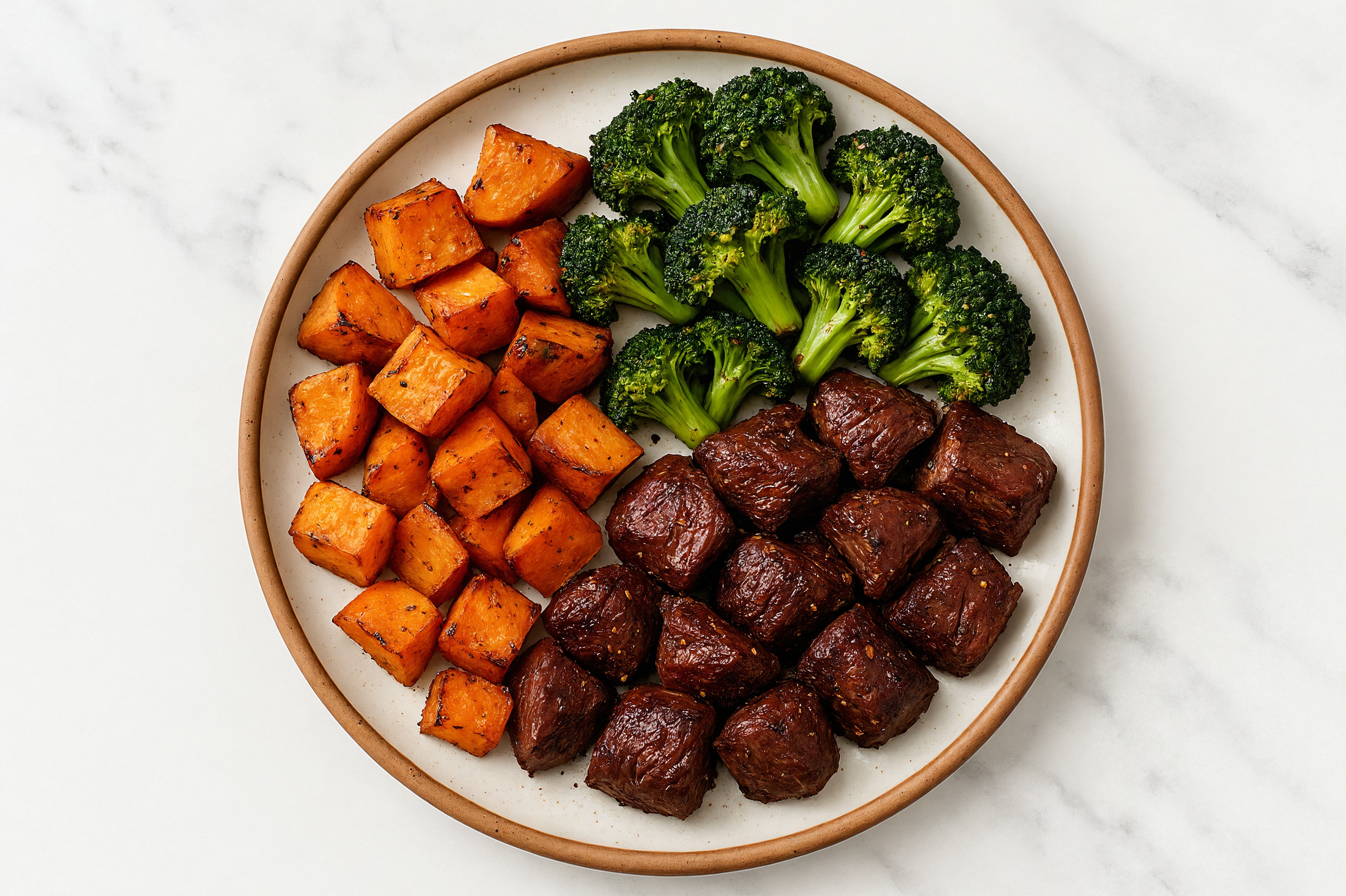 Sweet Potatoes + Broccoli with  Pepper Lamb Cubes