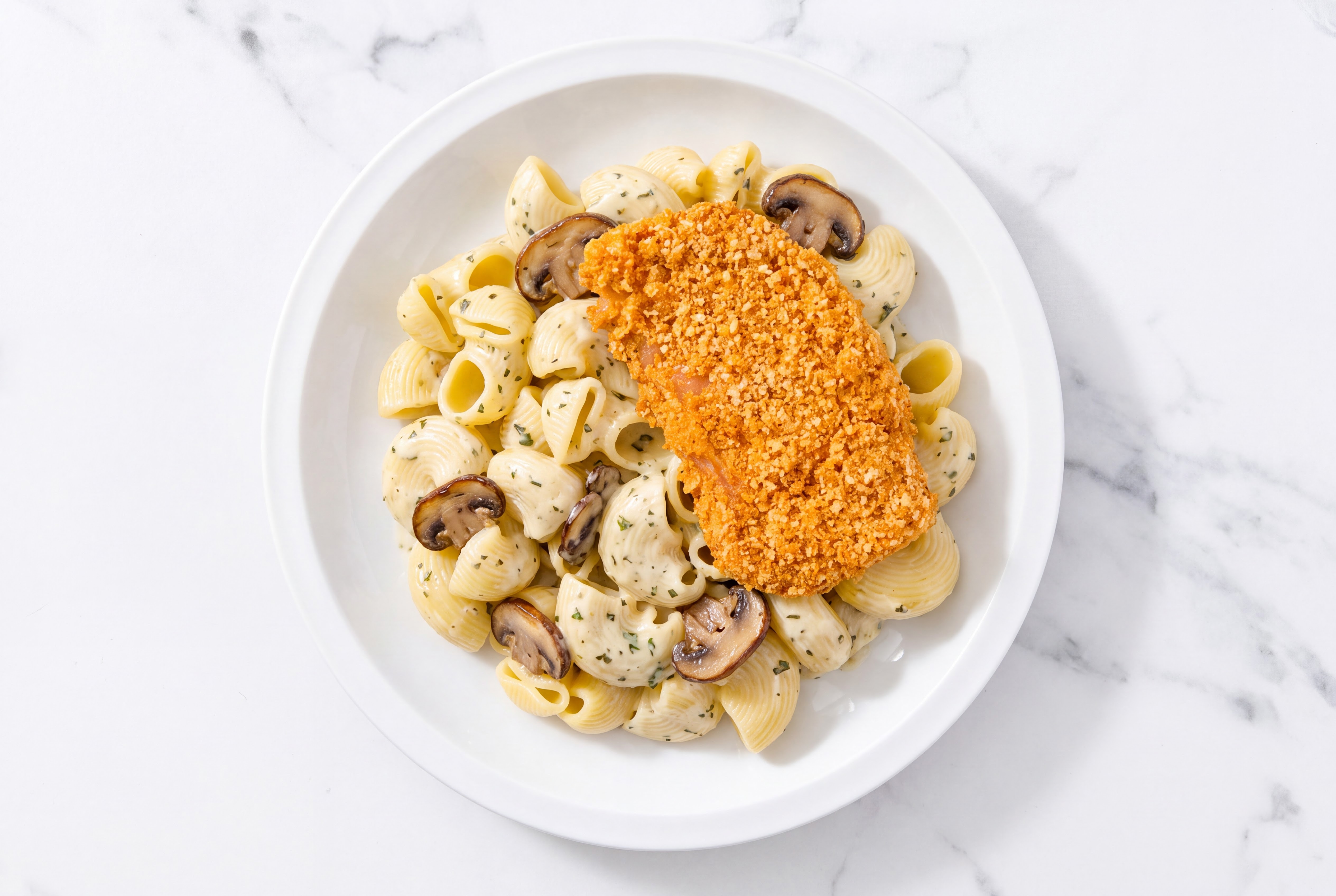 Crispy Hot Honey Chicken over Creamy Chiocciole Pasta with Baby Bella Mushrooms