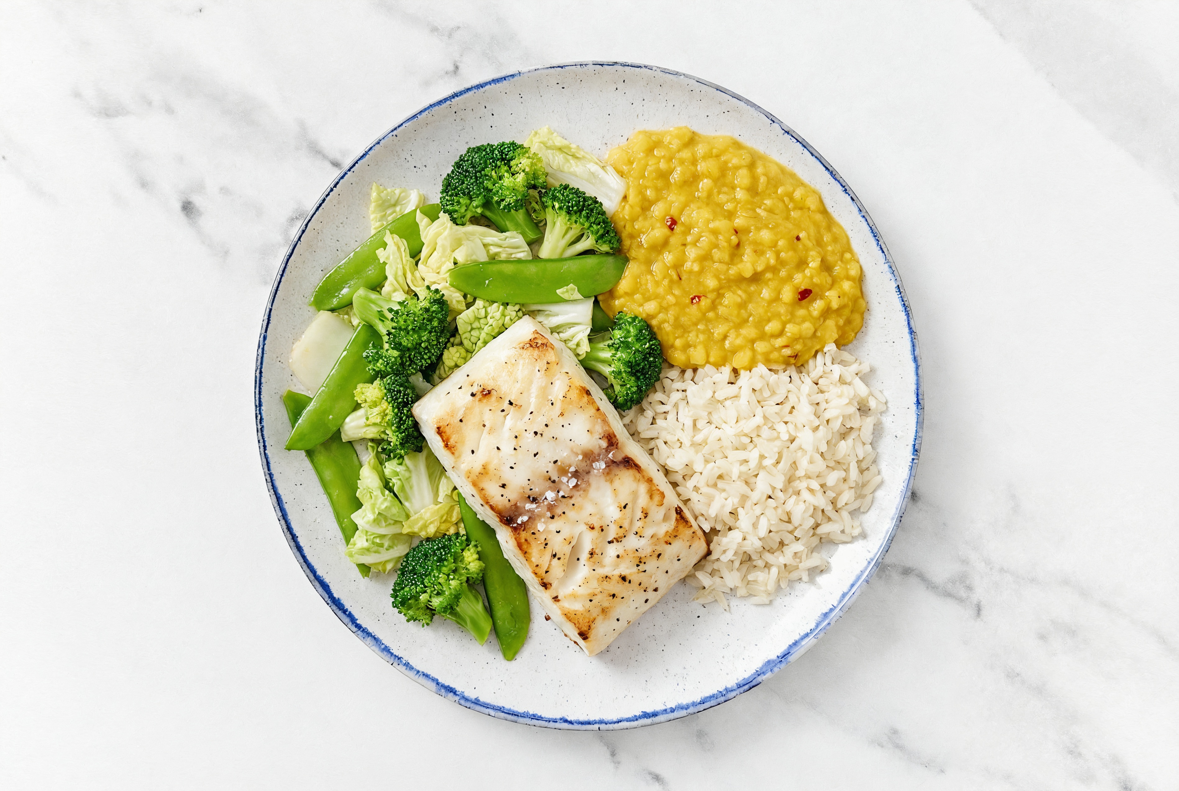 Seared Halibut + Bok Choy Red Lentil Bowl with Long Grain White Rice
