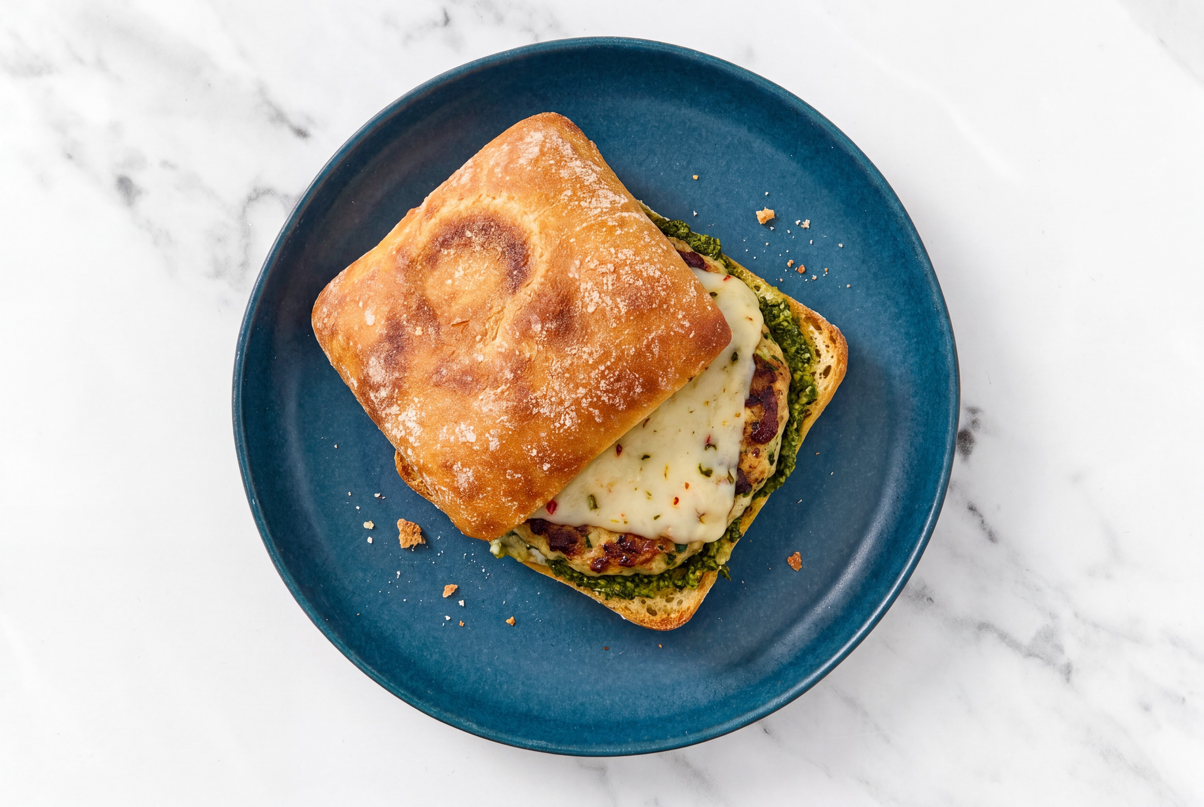 Garlic Turkey Burger on Ciabatta with Spinach Pesto & Pepper Jack