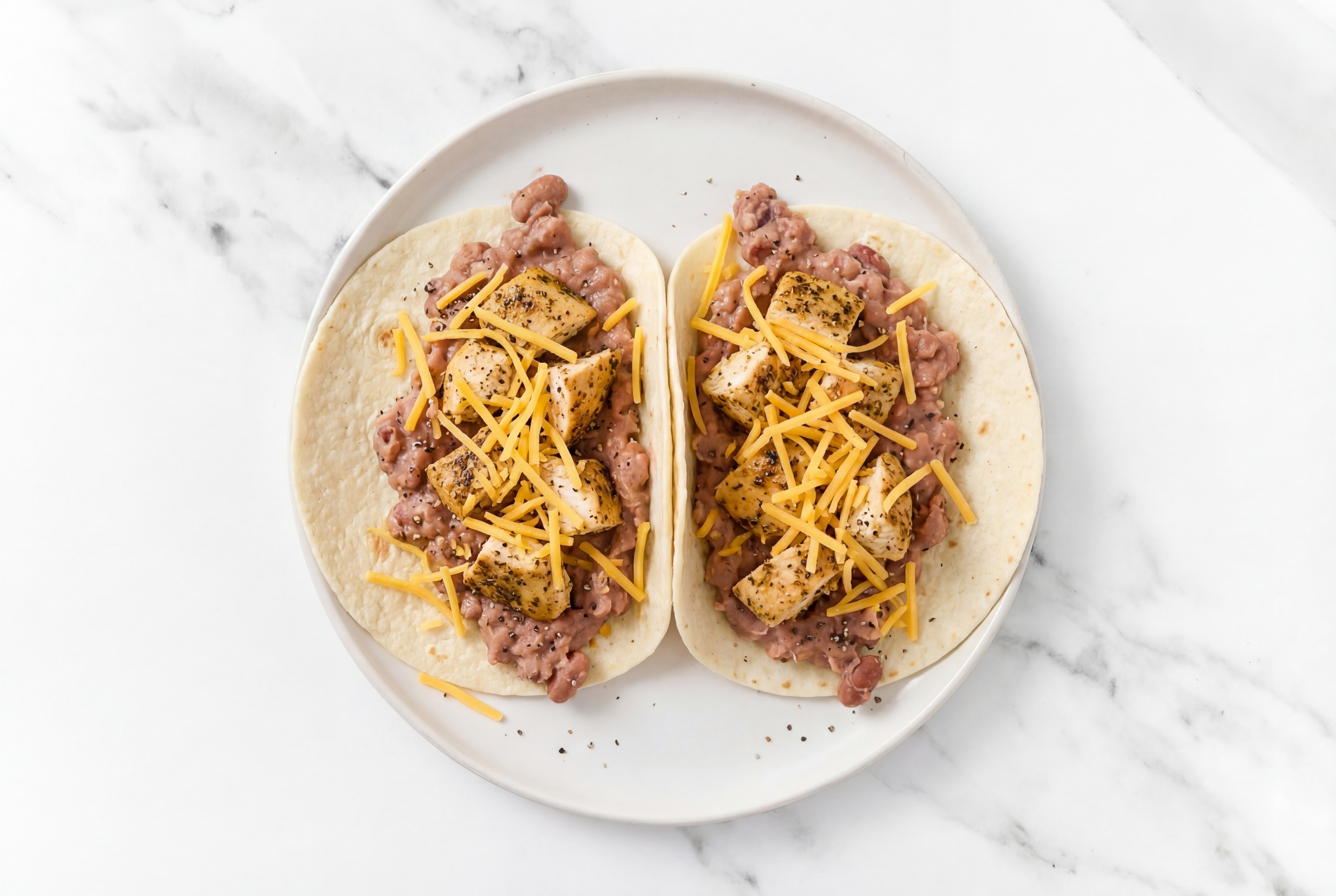 Garlic Chicken Tacos with Cheddar Cheese & Refried Red Beans