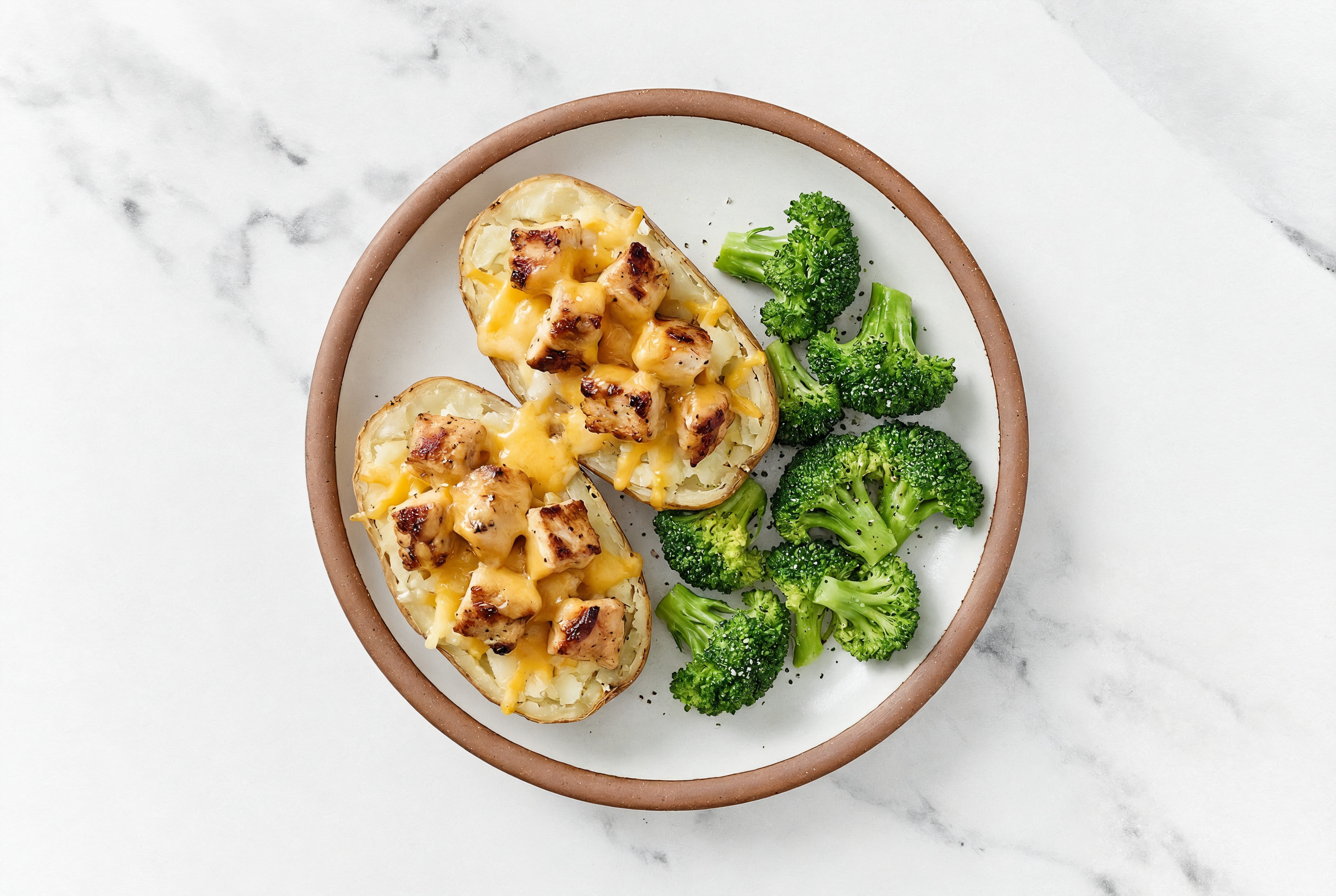 Cheddar Chicken Bacon Stuffed Potato + Broccoli