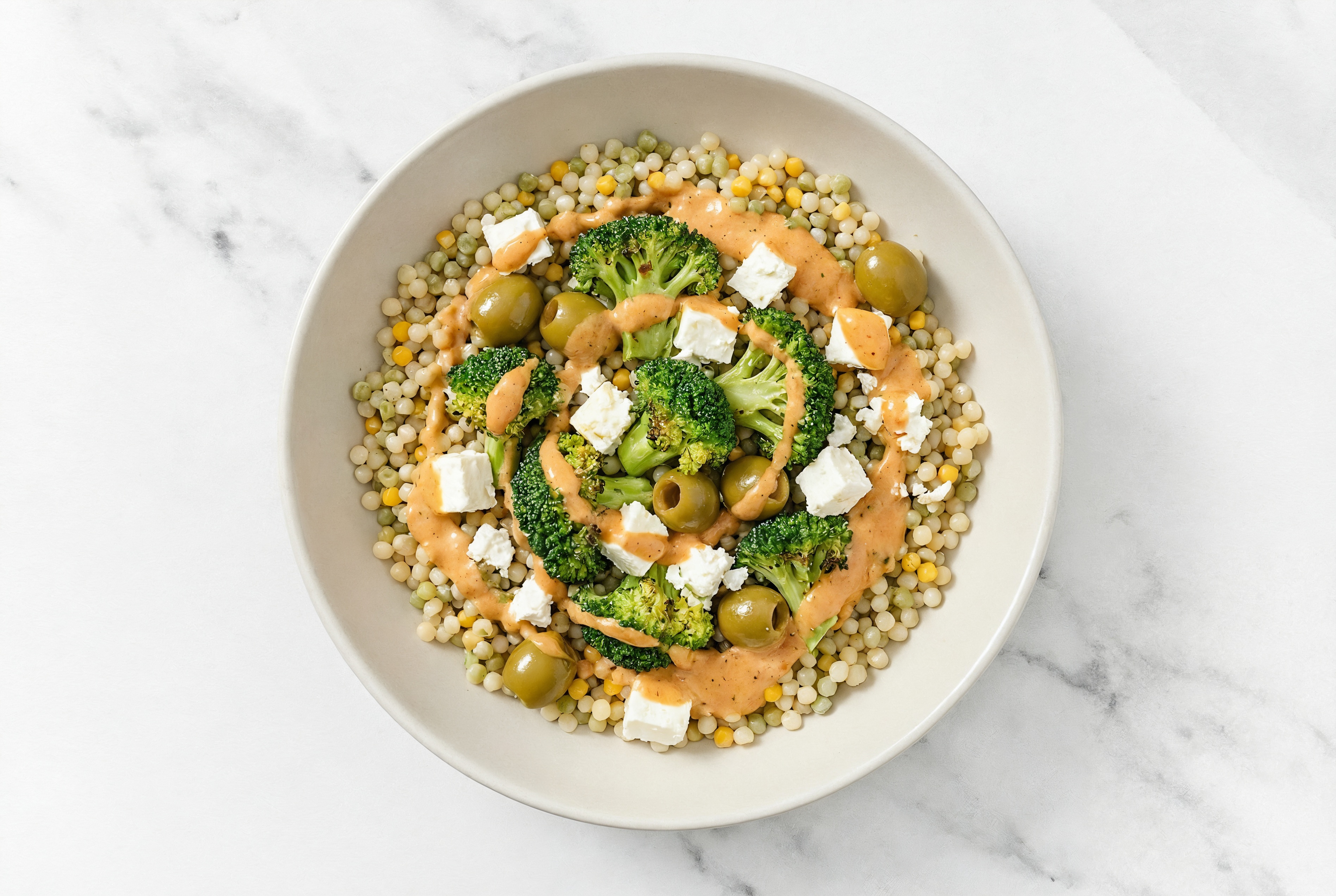 BBQ Broccoli Feta Green Olive Grain Bowl
