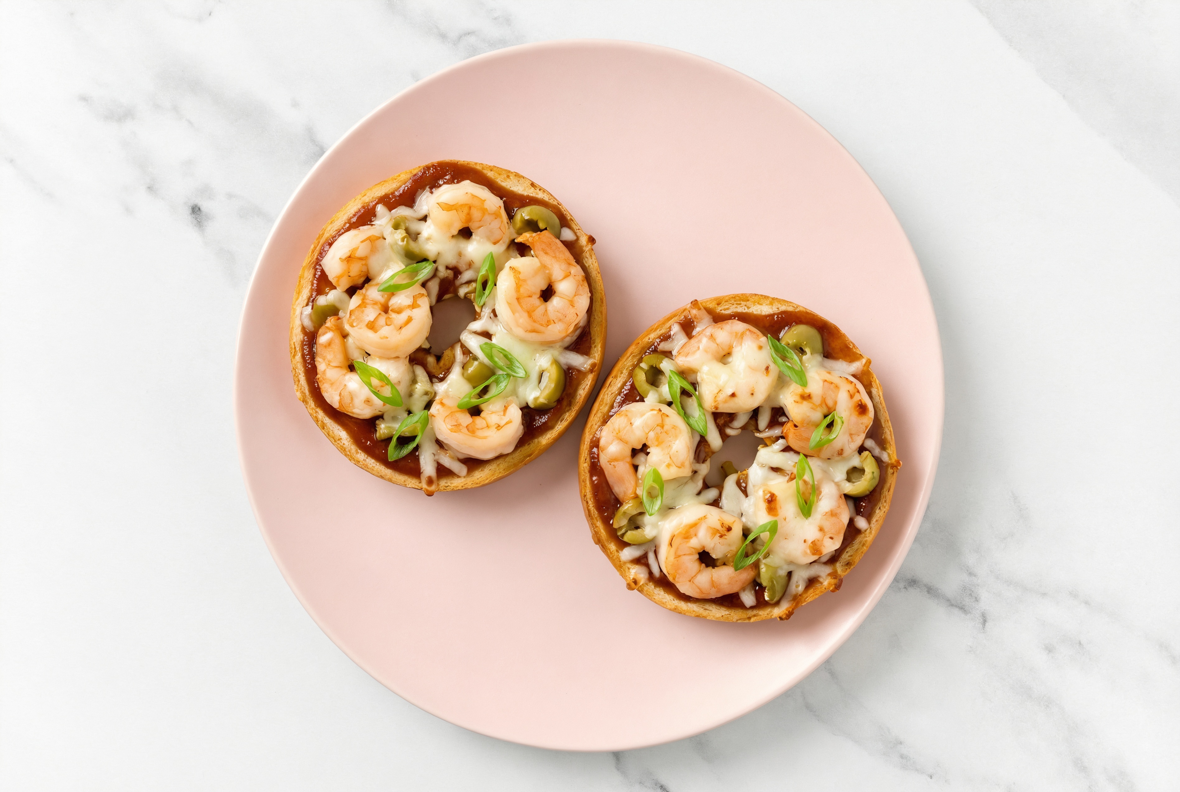 BBQ Shrimp + Green Olives Pizza Gluten-Free Plain Bagels with Scallions