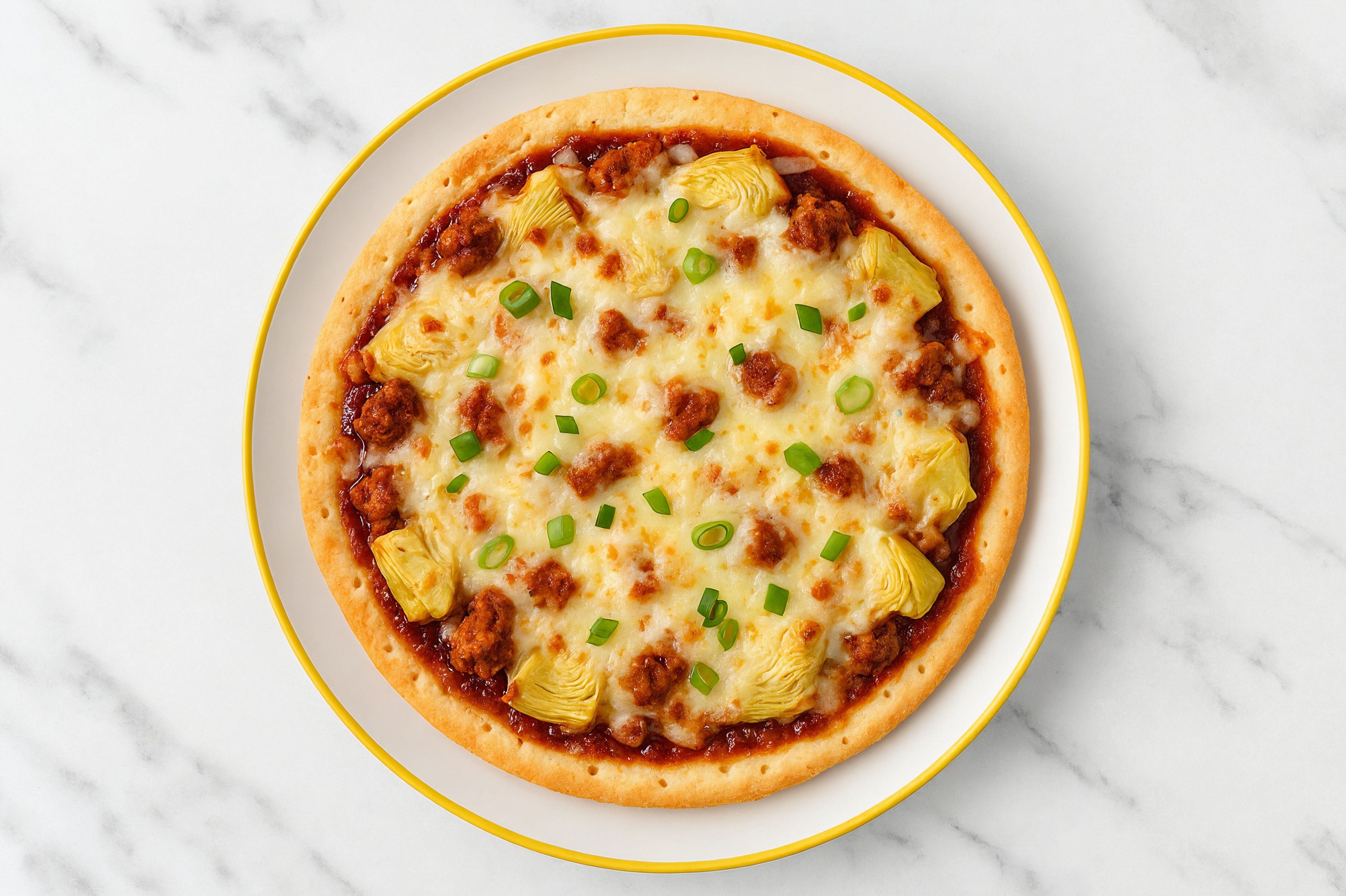 BBQ Turkey Sausage + Artichoke Gluten-Free Pizza with Scallions with Grated Parmesan Cheese