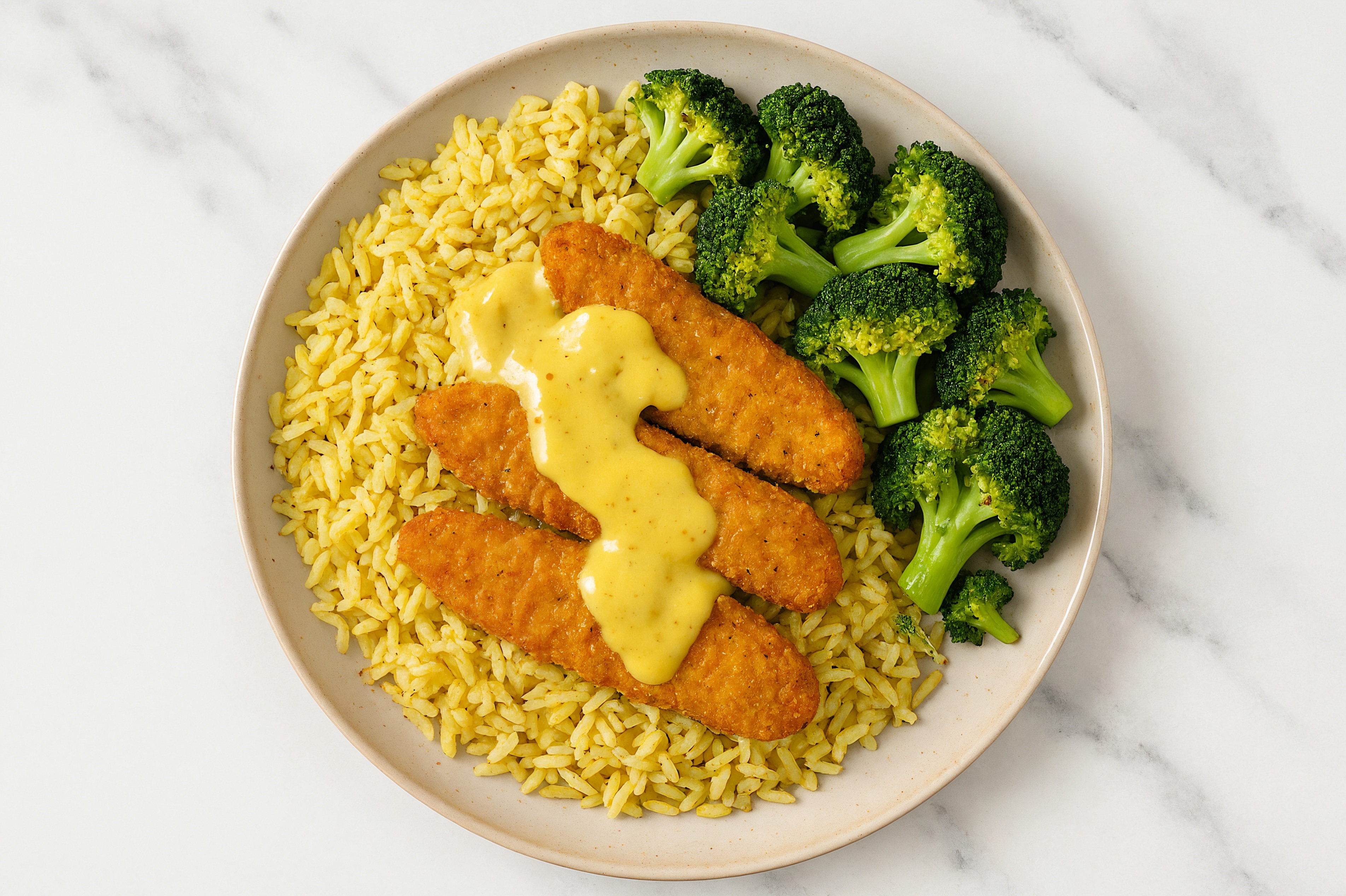 Herby Almost Famous Plant-Based Chicken Tender Bowl with Broccoli Florets
