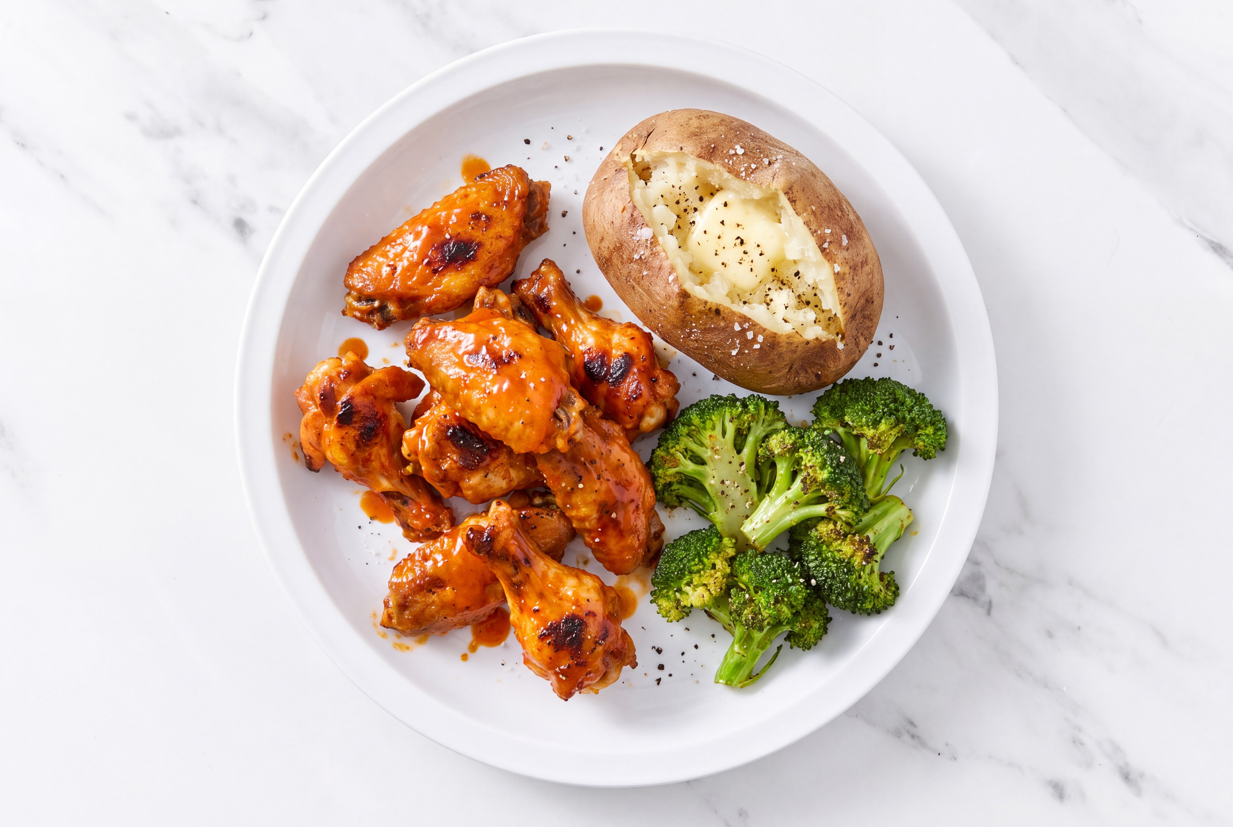 Dill Buffalo Chicken Wings with Baked Potato + Broccoli