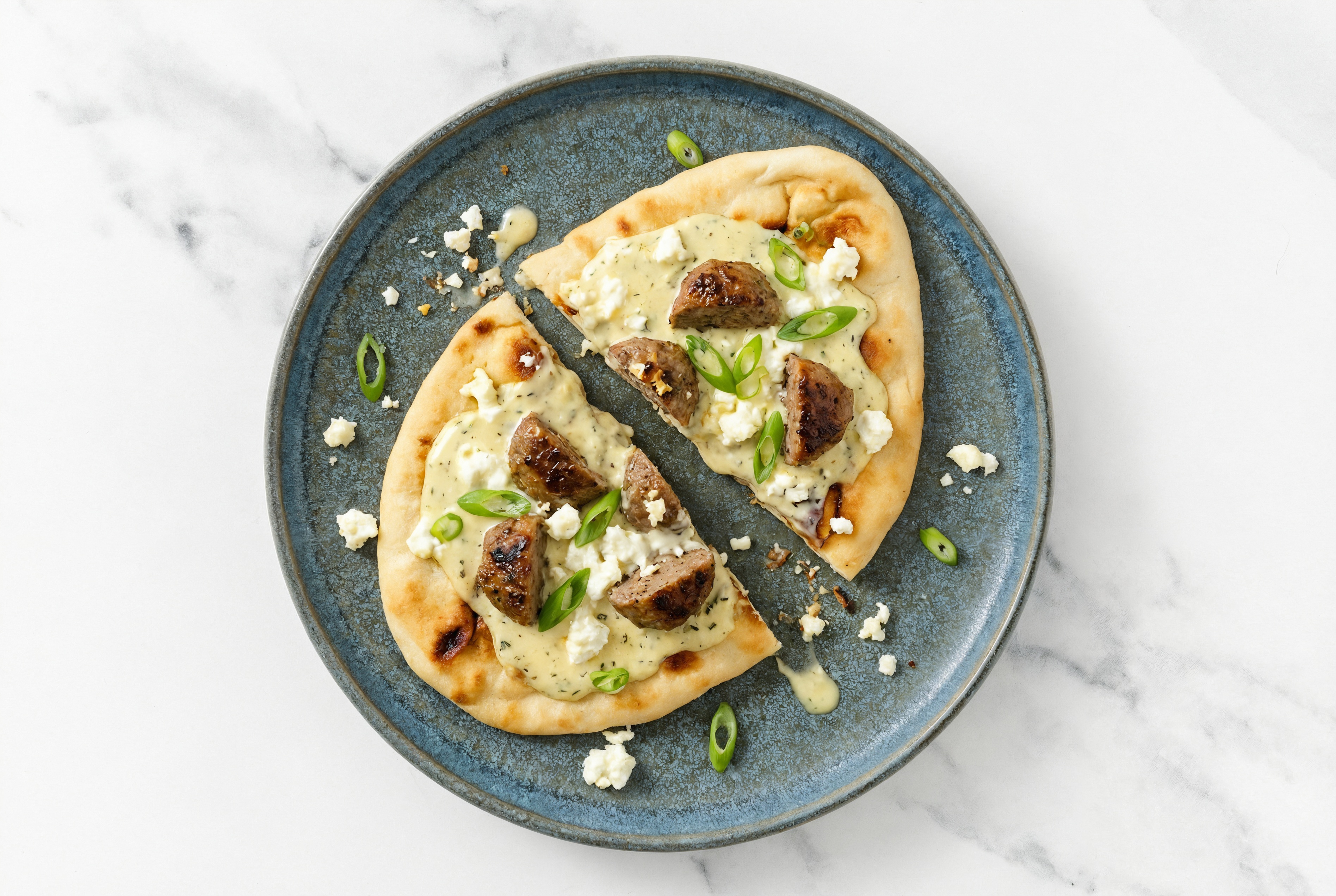 White Herb Meatball Naan Pizza with Sheep Cheese + Fresh Scallions