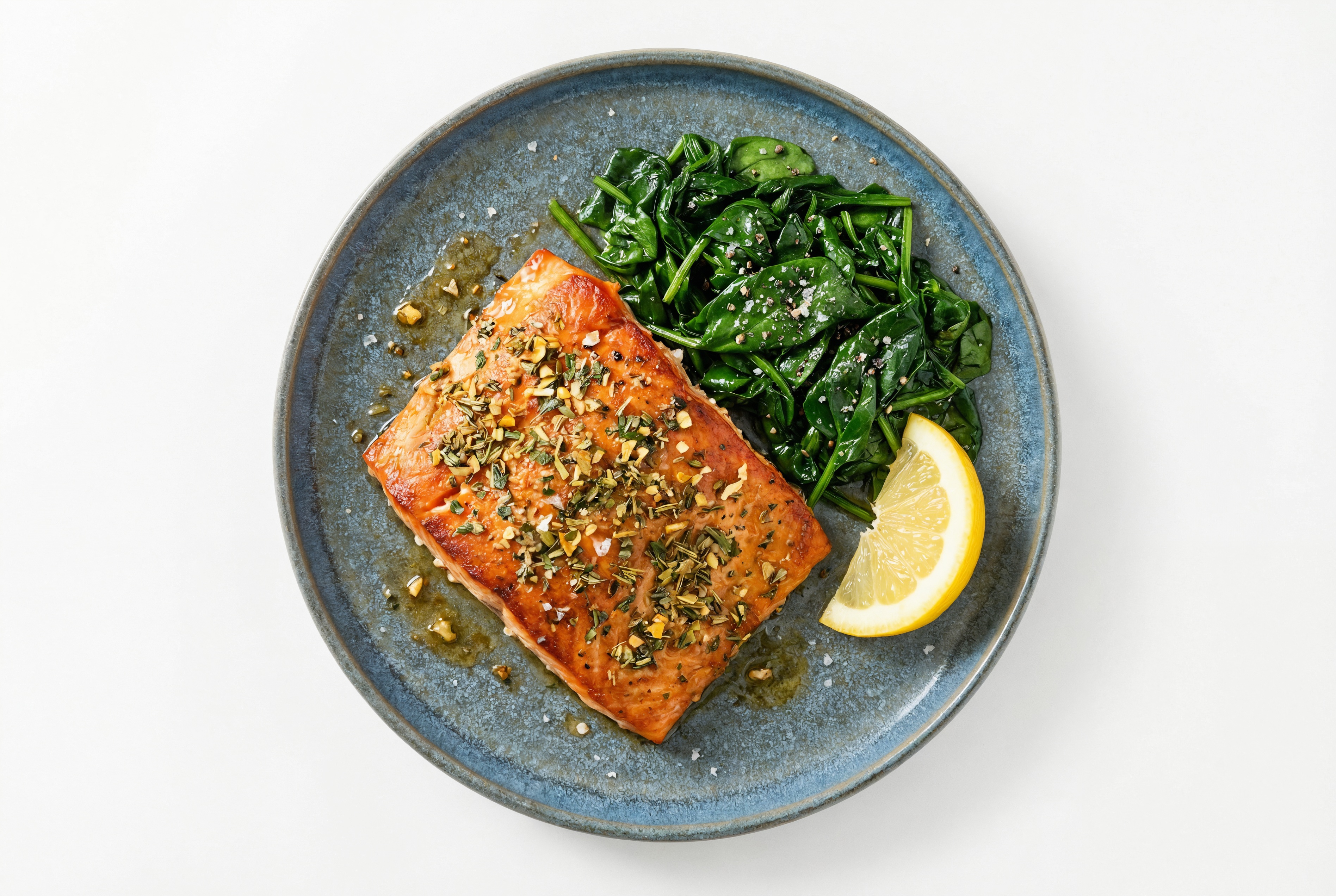  Garlic Herb Crusted Sockeye Salmon + Lemony Sautéed Baby Spinach