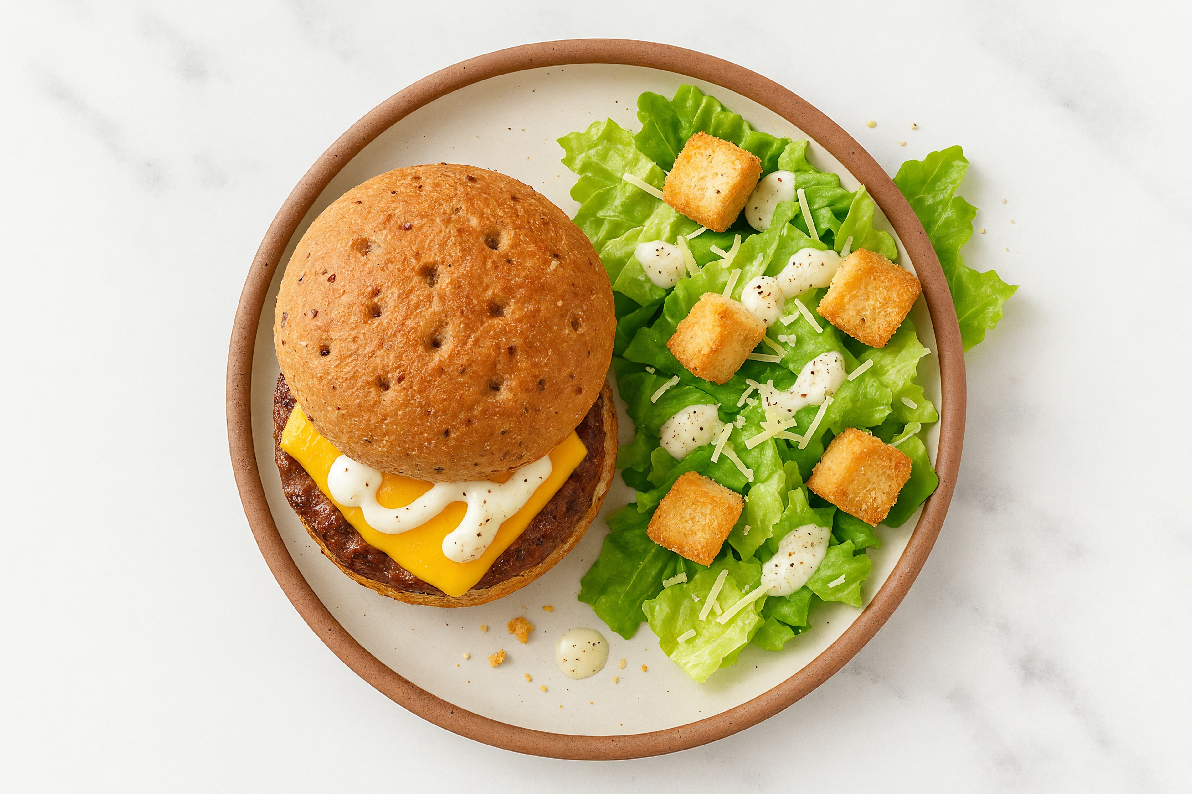 Herby Ranch Cheddar Burger + Caesar Salad with Ground Beef Patties