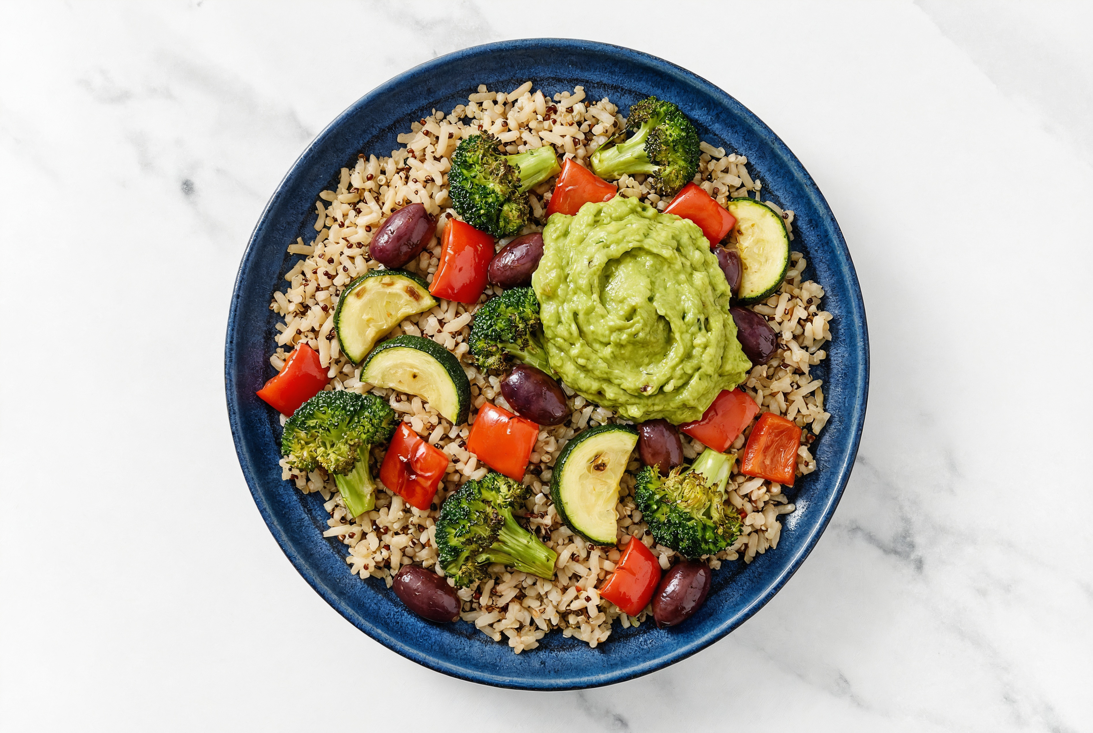  Roasted Veggie + Guacamole Rice Bowl with Broccoli Florets