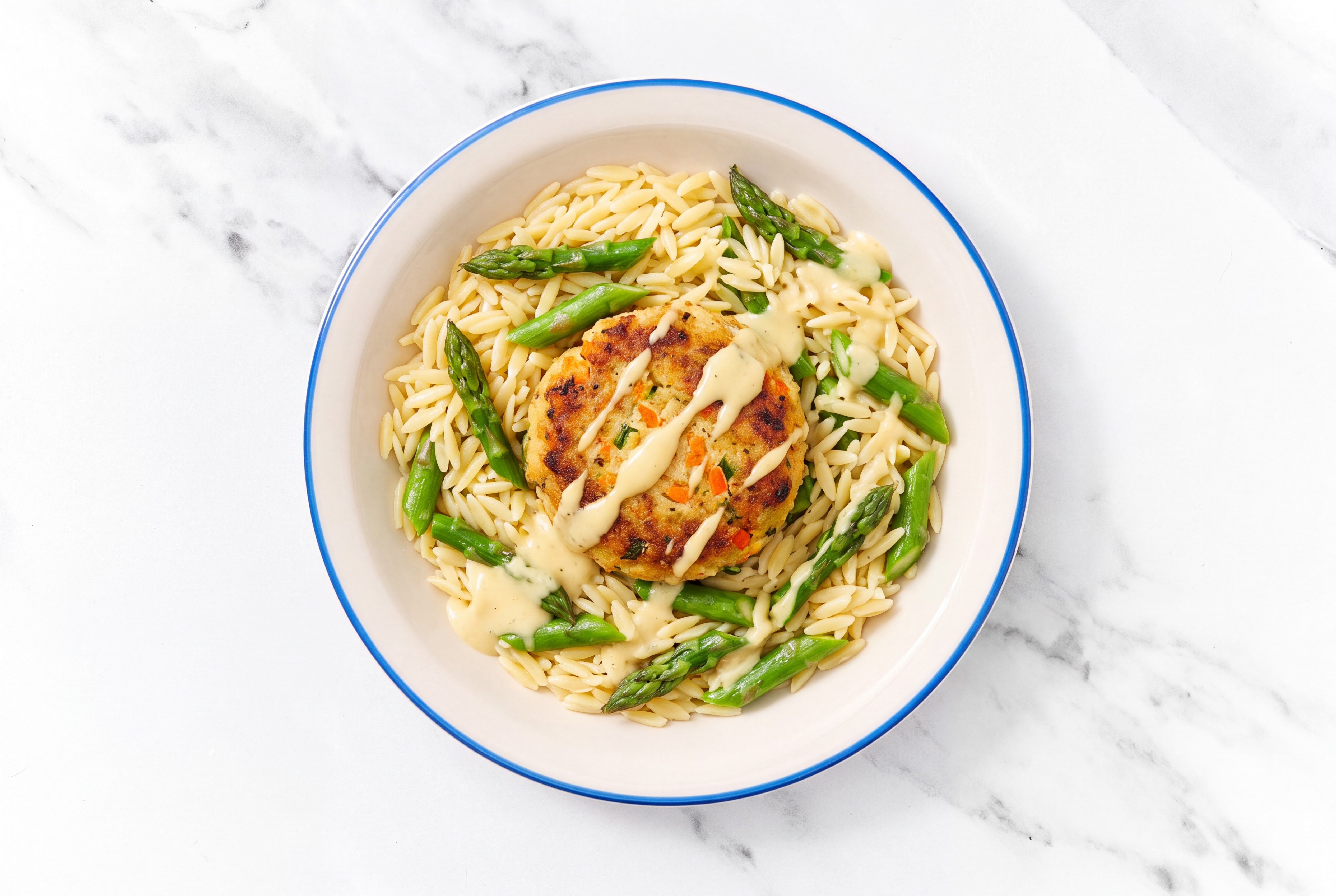 Snow Crab Cakes Cake + Garlicky Asparagus Orzo Bowl