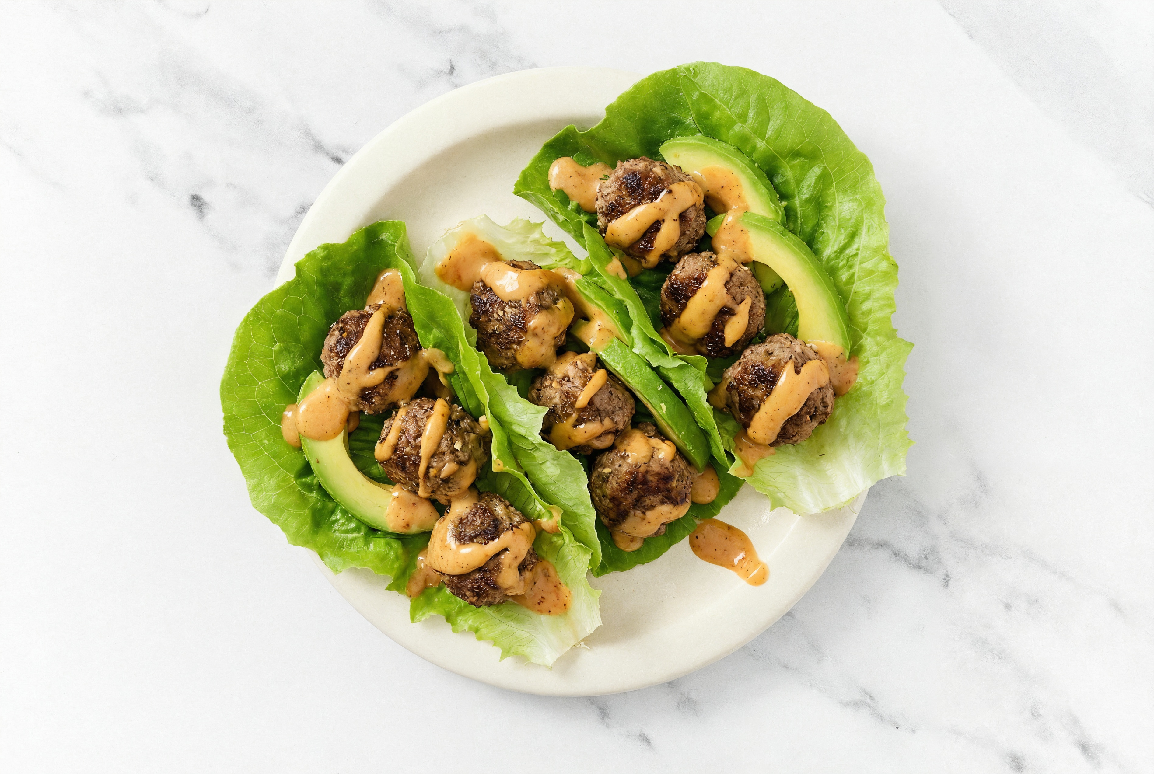 Wagyu Beef Kofta Meatball Lettuce Wraps with Garlicky Smoky BBQ Dipping Sauce