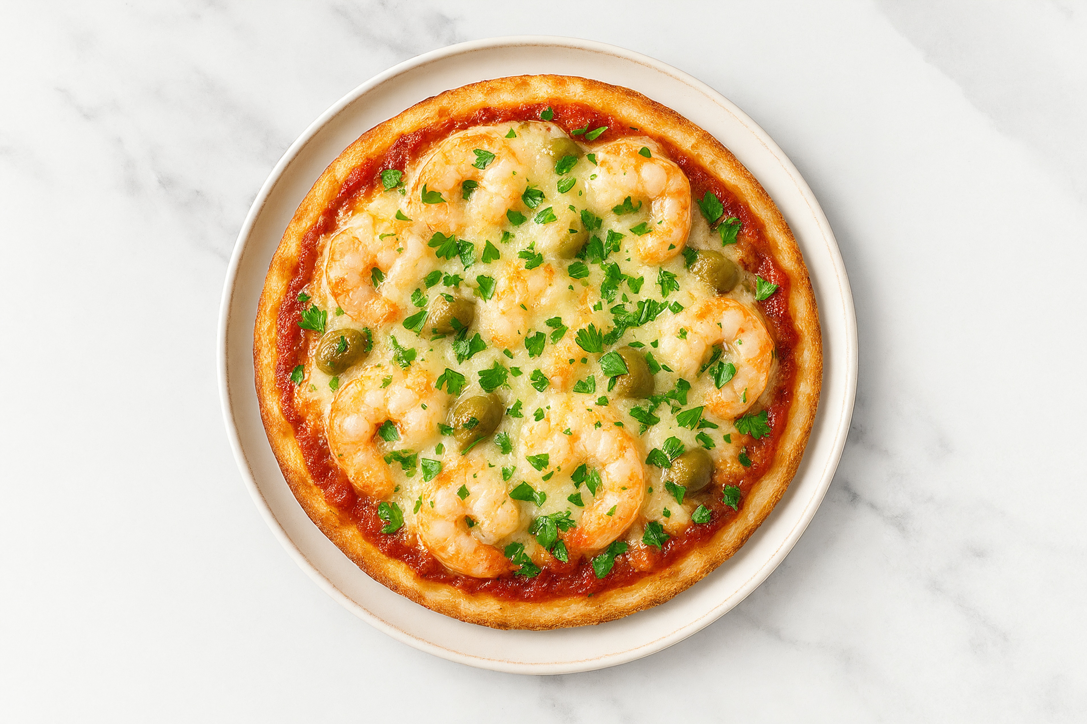 Classic Gulf Shrimp + Green Olives Gluten-Free Pizza with Parsley with Grated Parmesan Cheese