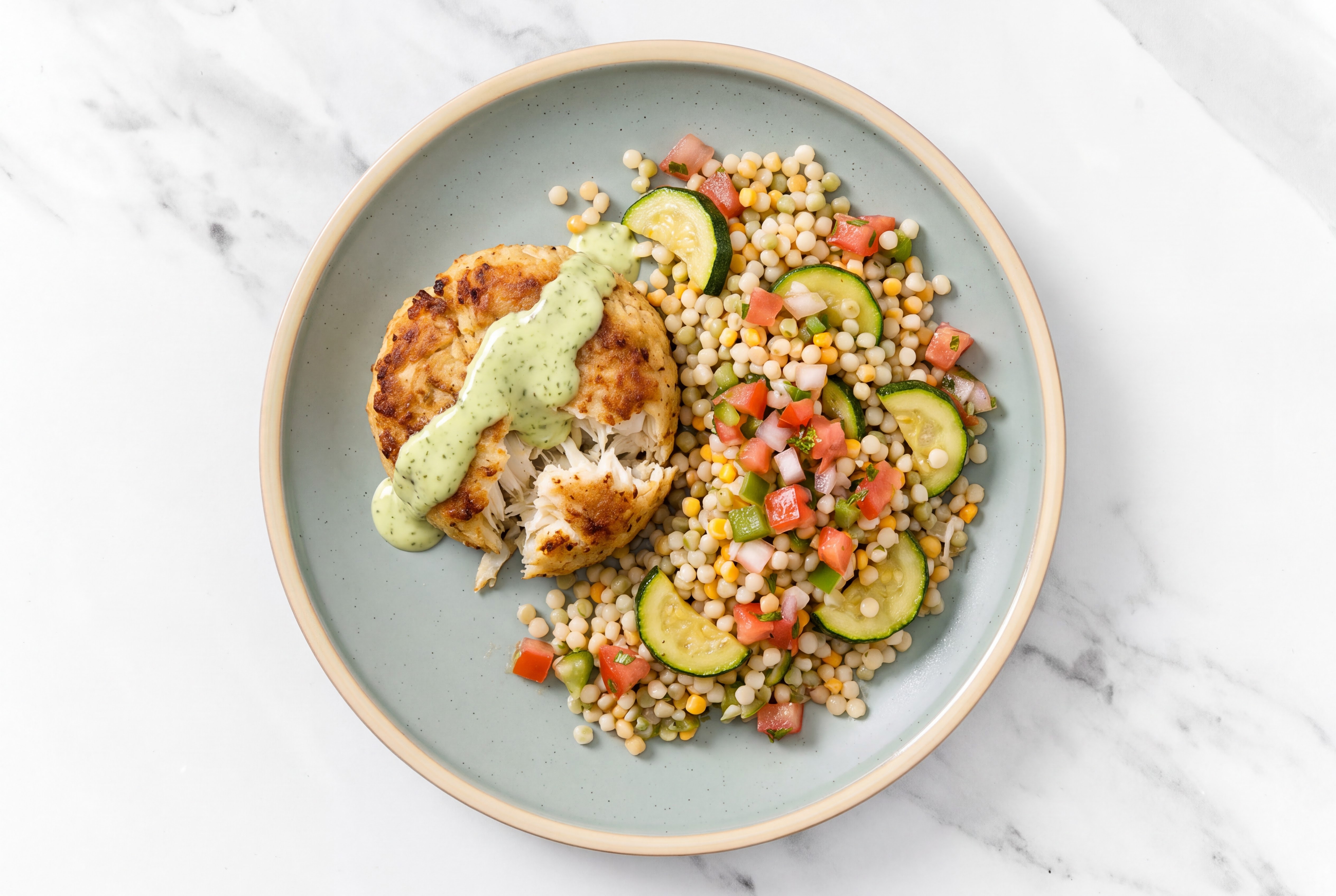 Green Goddess Jumbo Lump Crab Cakes + Fresh Fiesta Cous