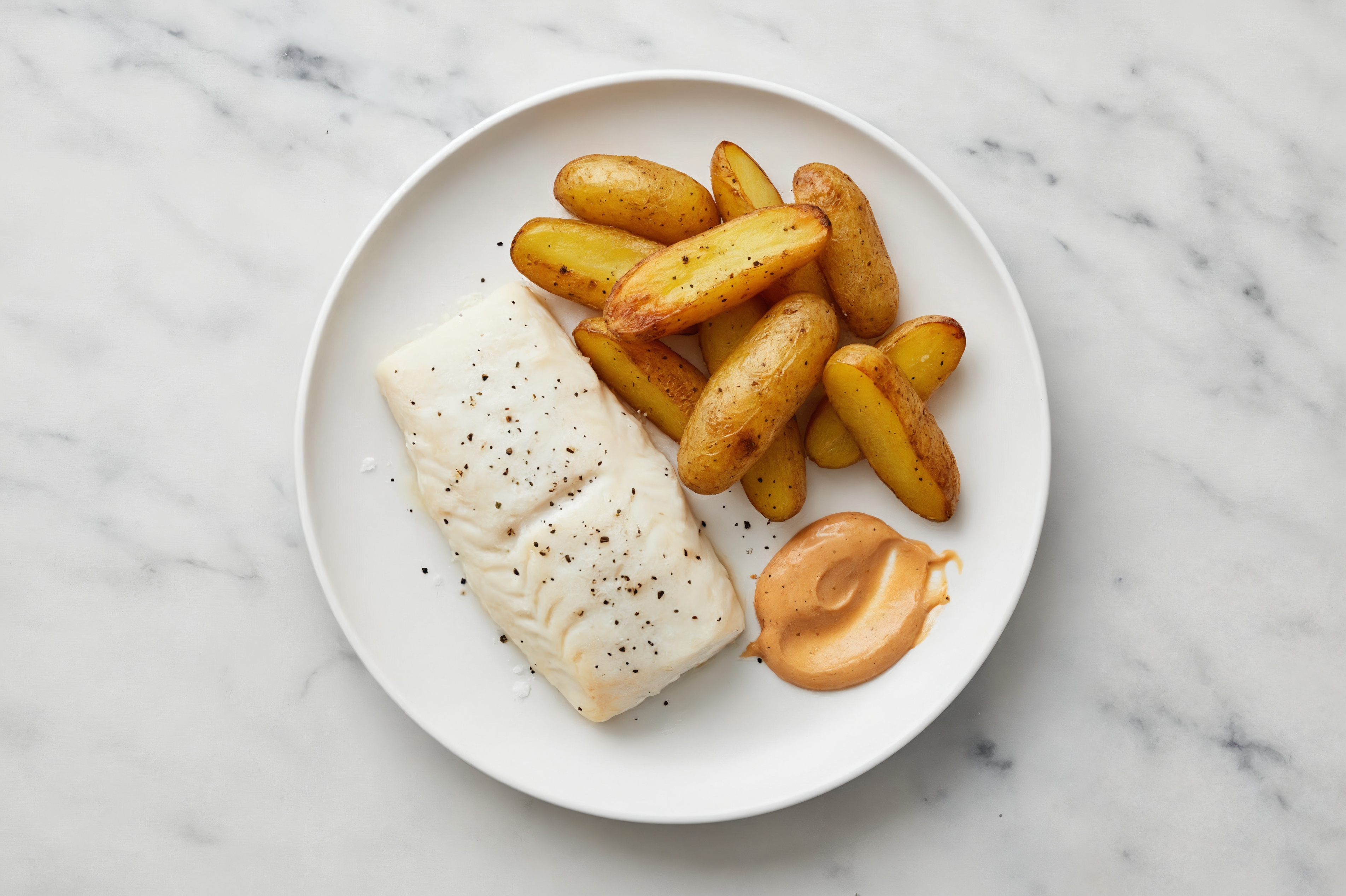 Smashed Crispy Fingerlings + Halibut with Creamy Smokey Sauce