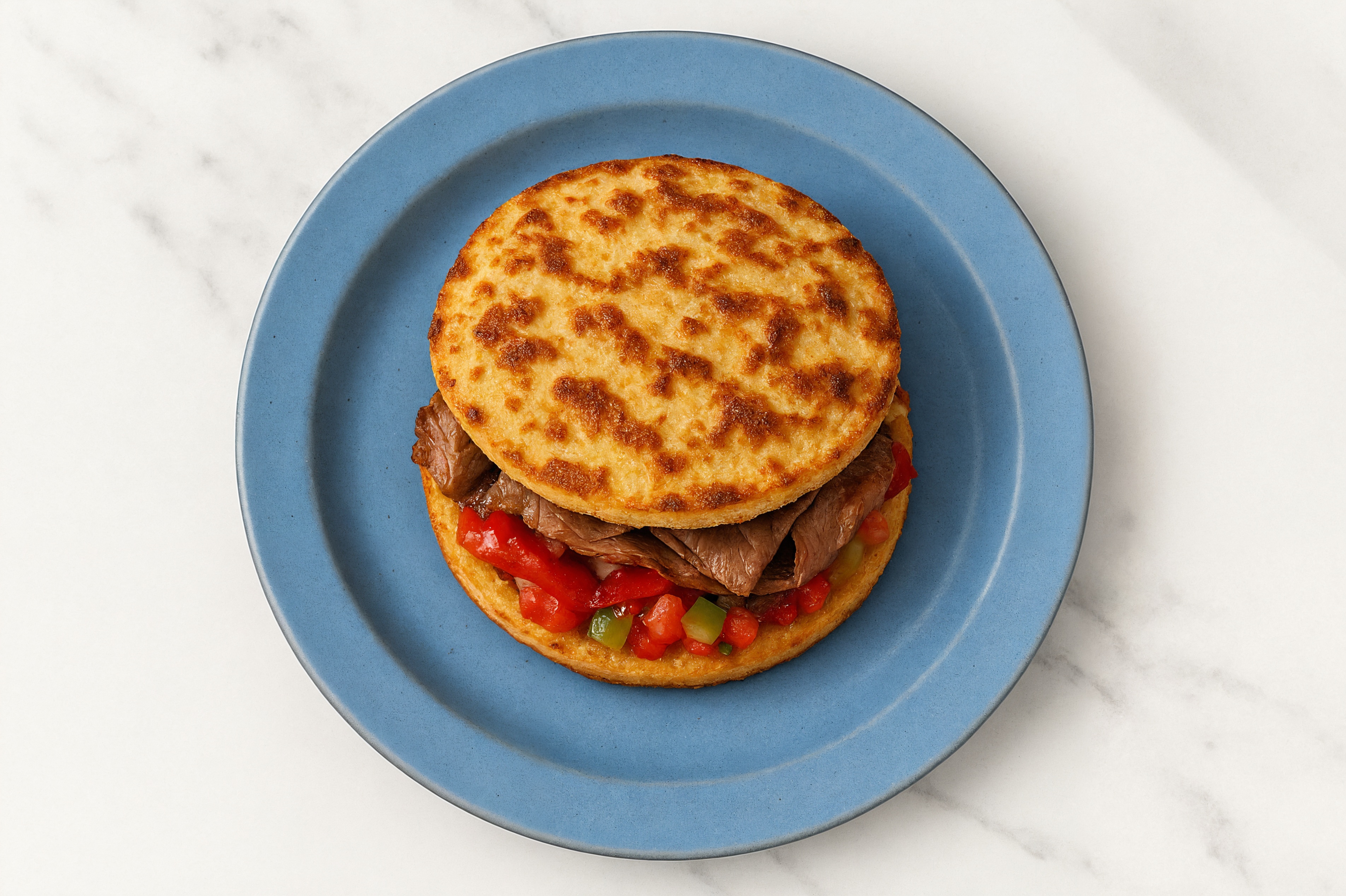 Mexican Beef Steak Sandwich with Roasted Peppers on Cauliflower Rounds