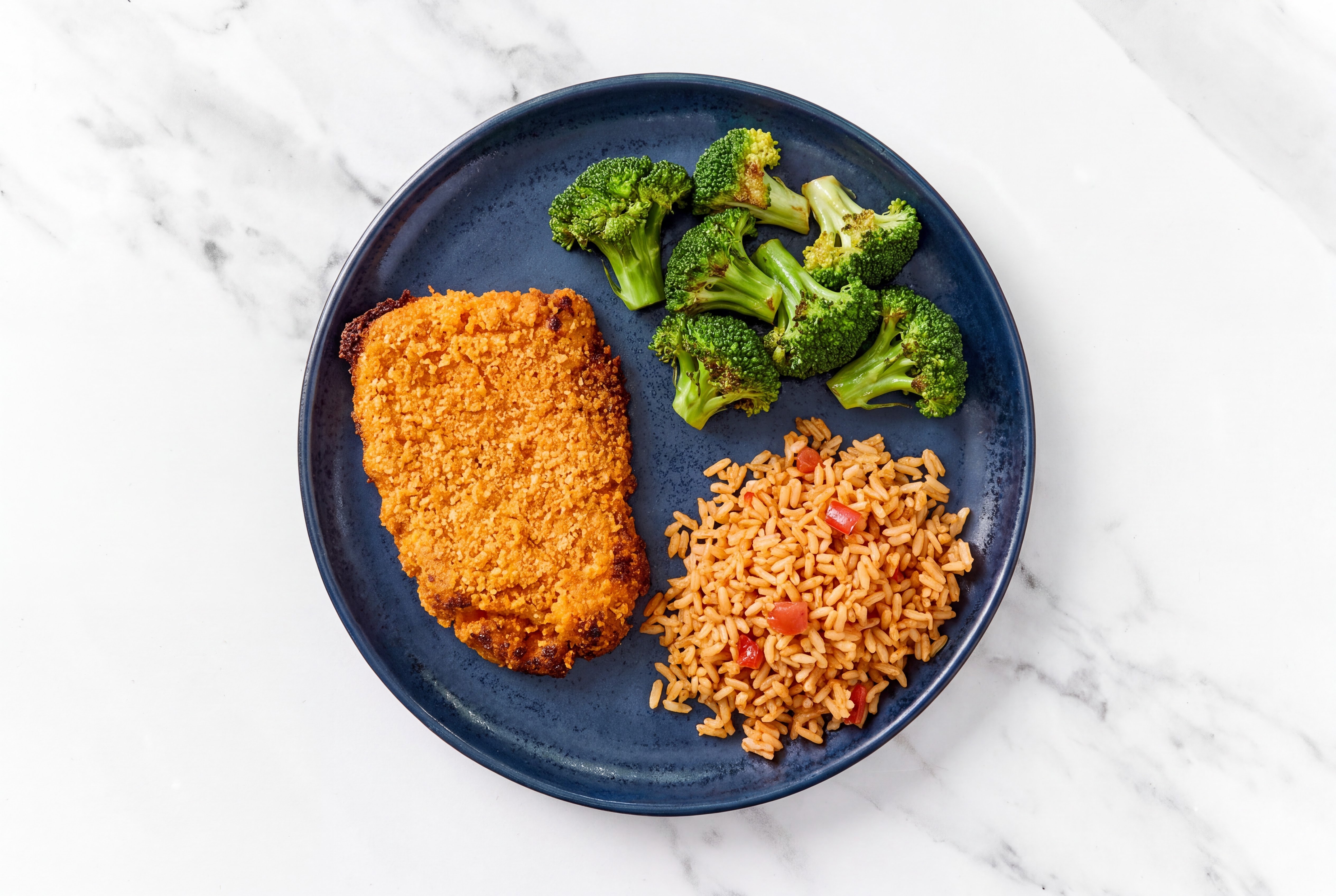 Hot Honey Breaded Chicken Cutlet with Broccoli & Mexican Rice