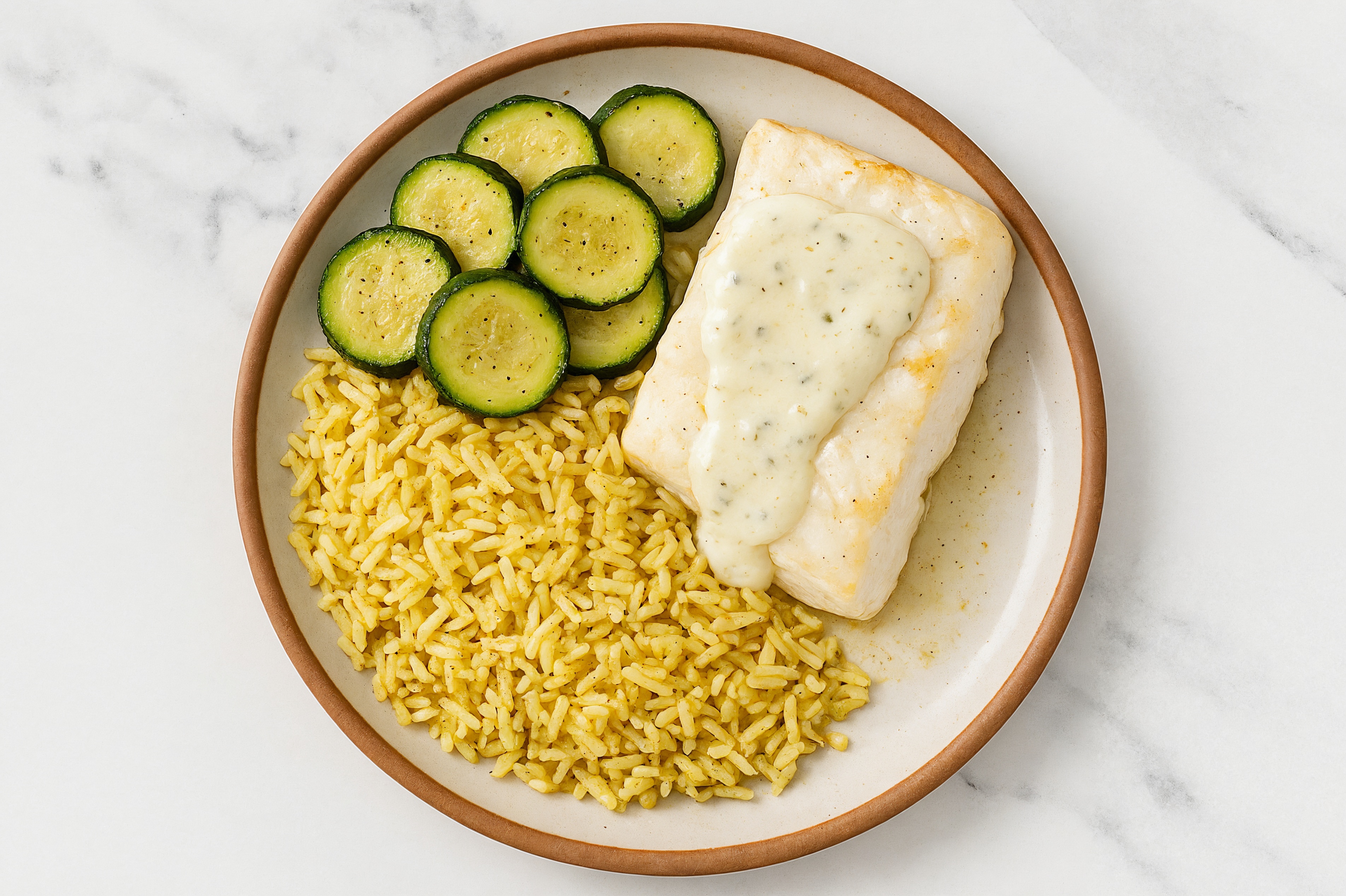 Roasted Halibut with Zucchini + Garlic Sauce