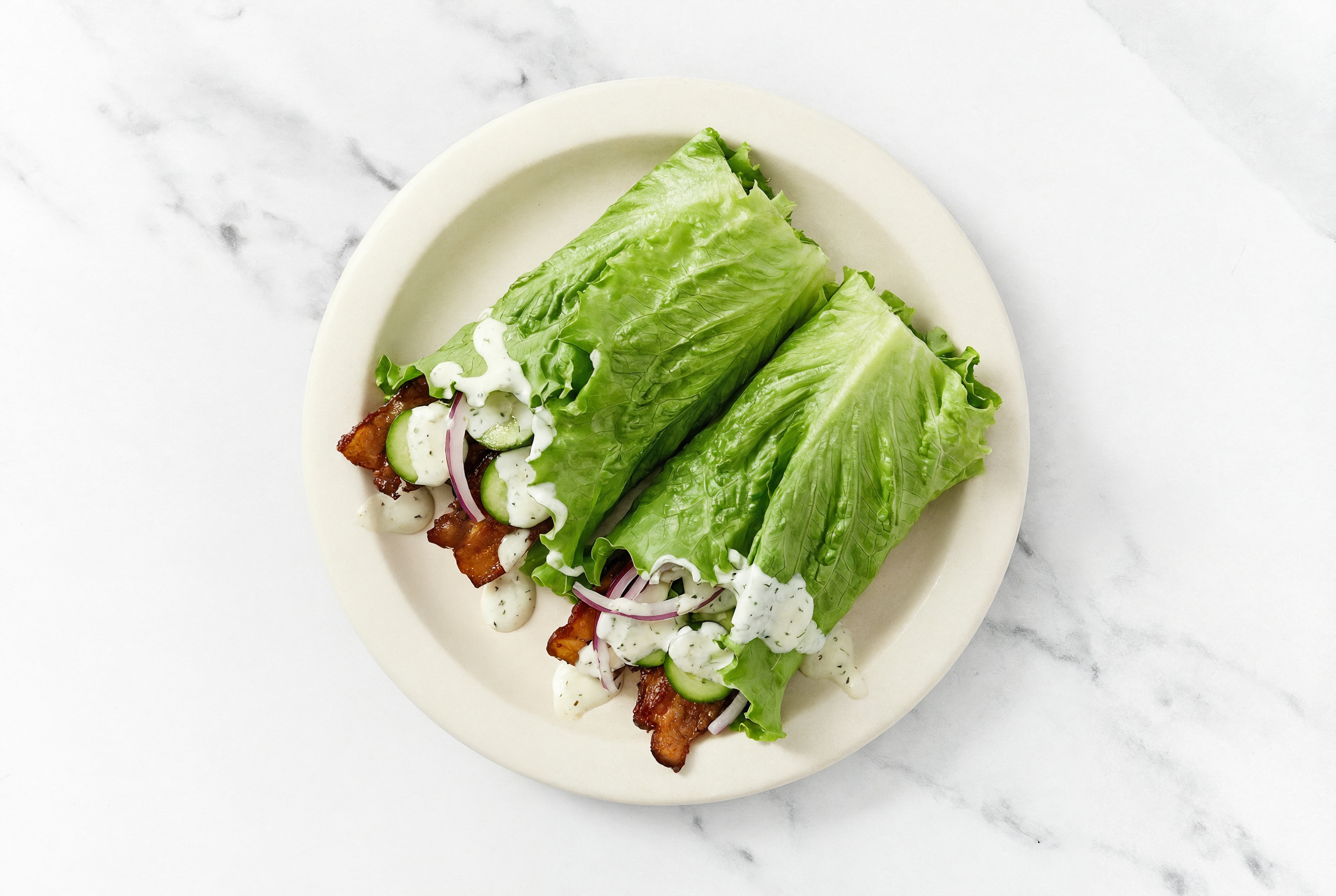 Tzatziki Plant-Bacon Lettuce Wraps
