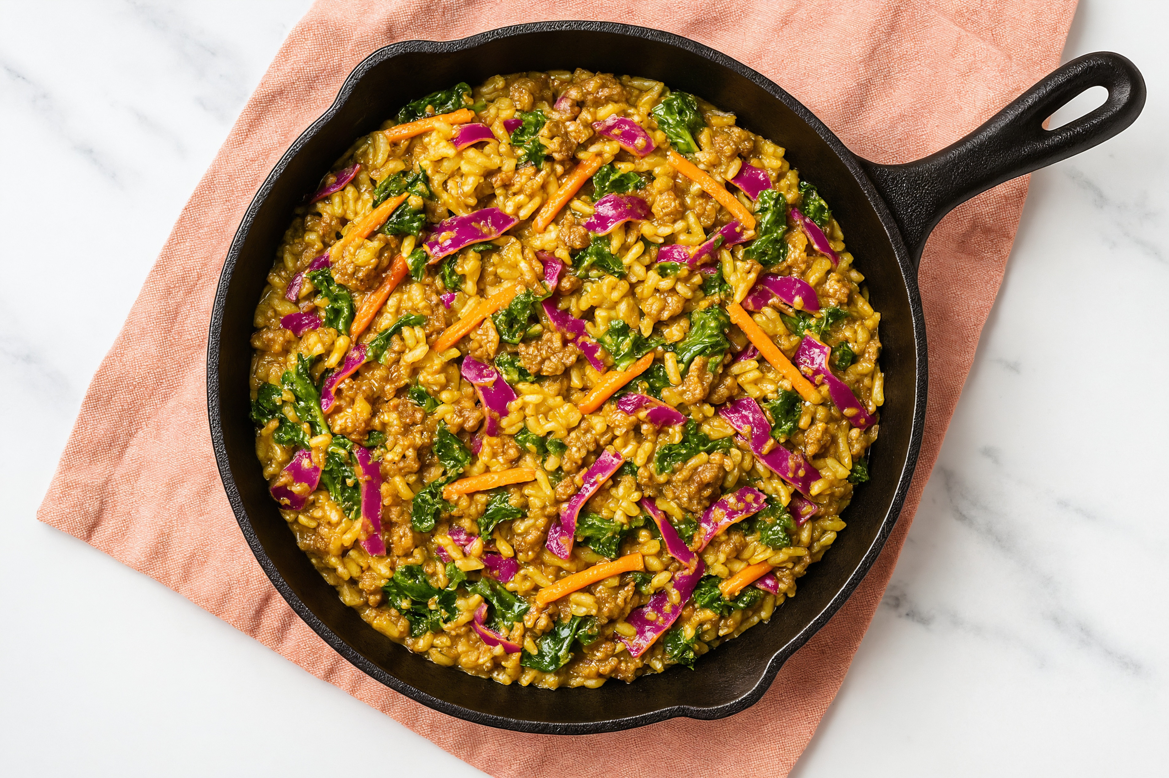 Curry Rainbow Veggie + Ground Bison Stir-Fry with Long Grain White Rice