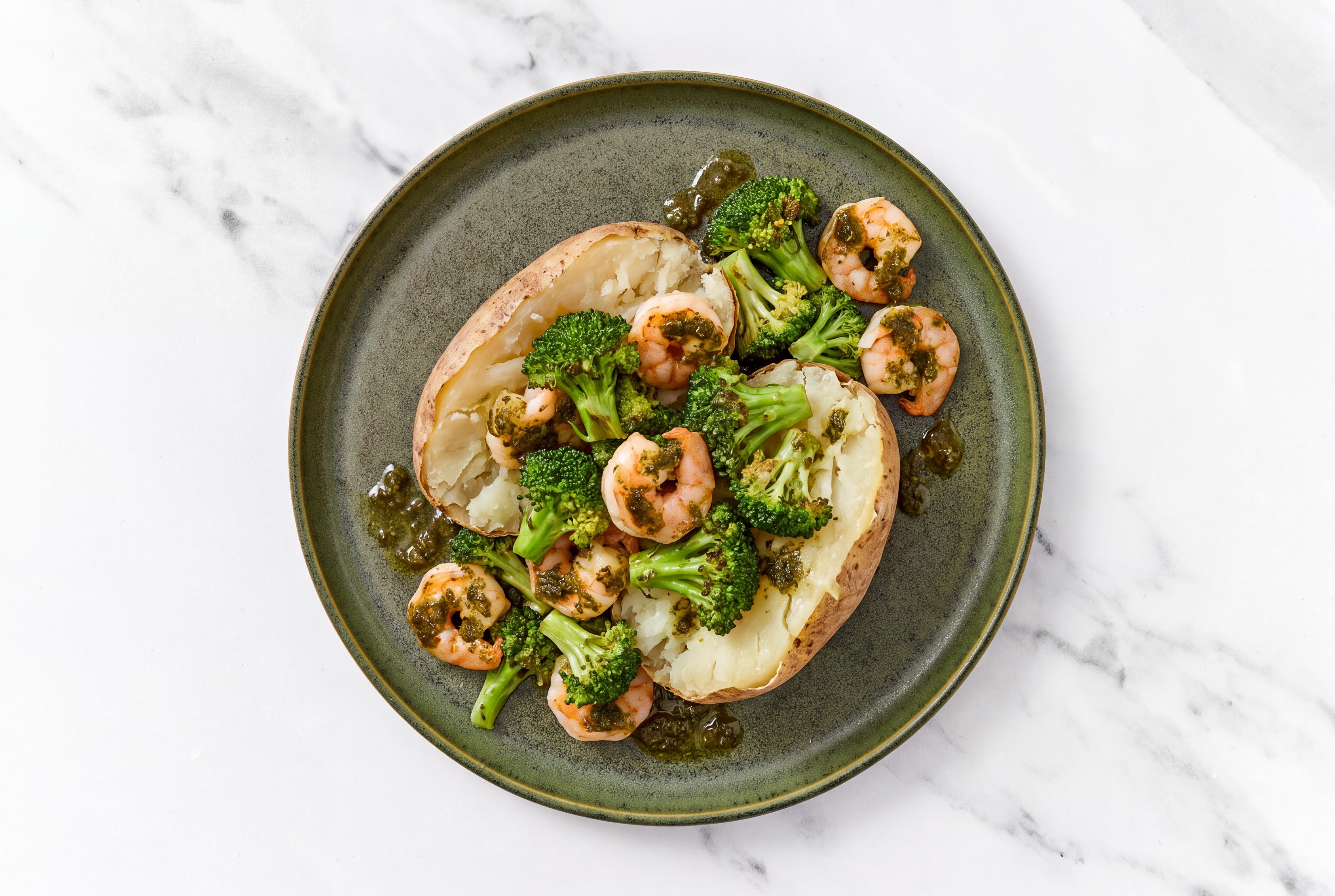 Zhoug Medium Cooked Shrimp with Broccoli + Russet Potato