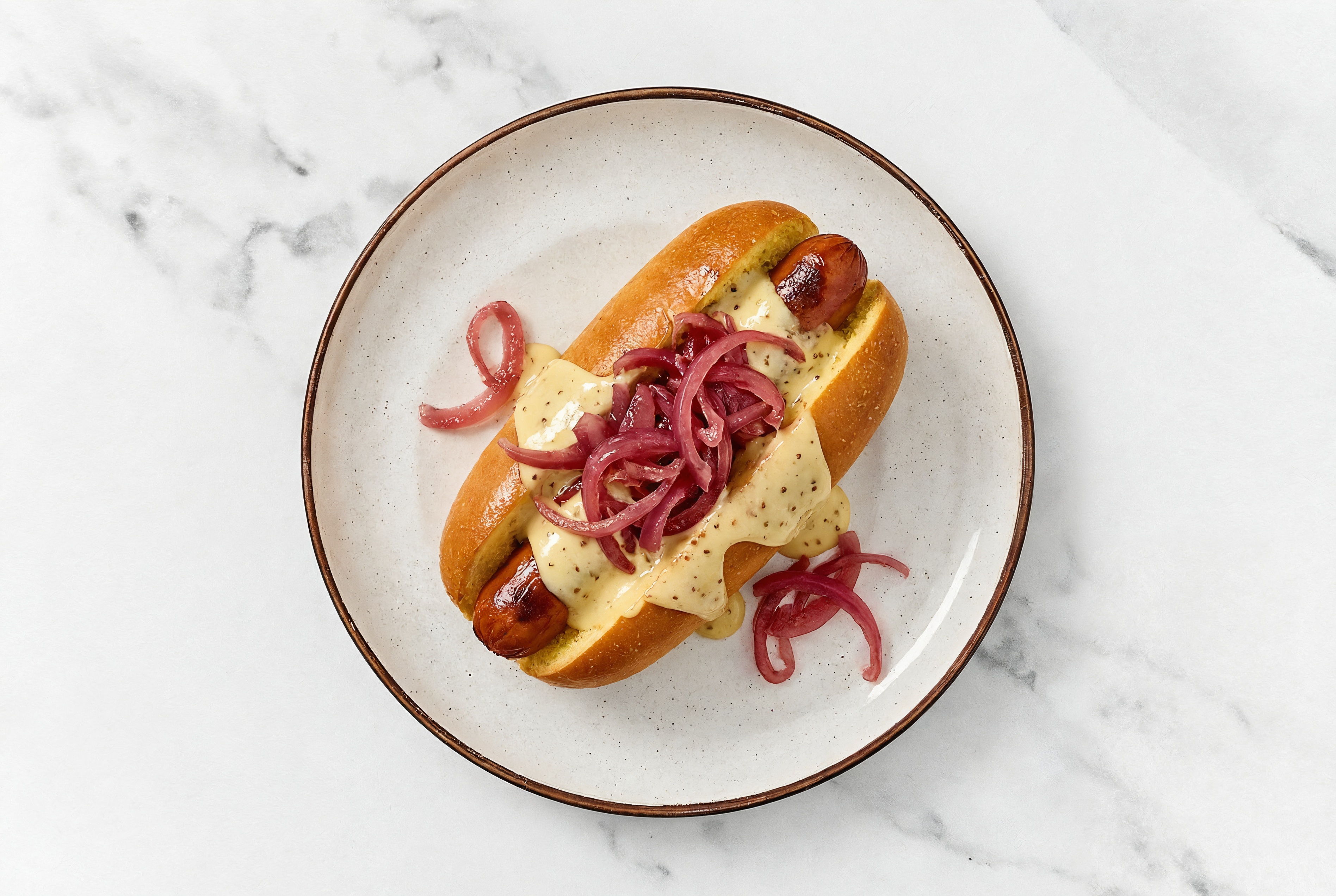 Pickled Red Onion Beef Hot Dog with Honey Mustard on Brioche