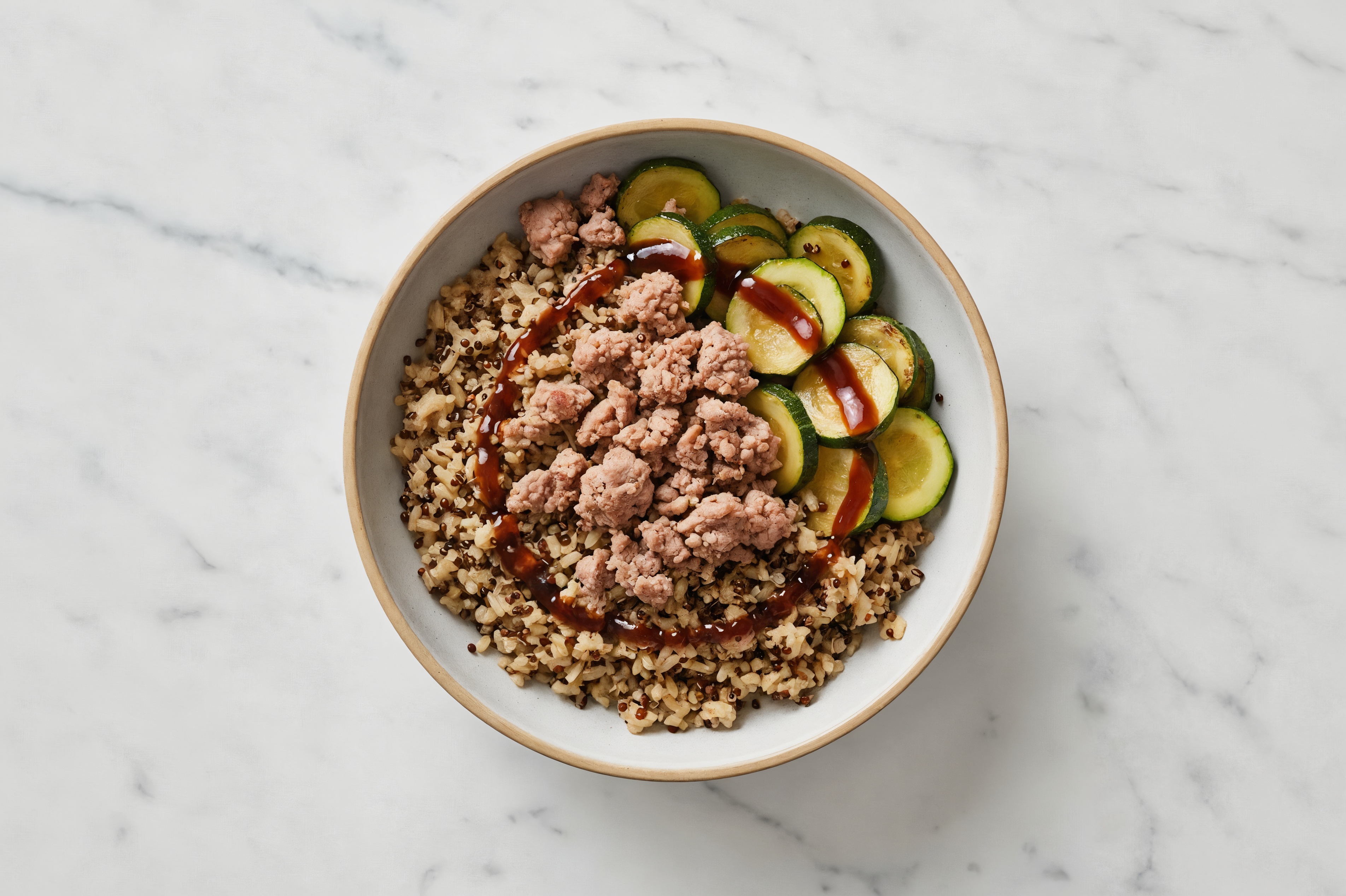 Sweet Teriyaki Ground Lamb + Quinoa Bowl with Fresh Zucchini