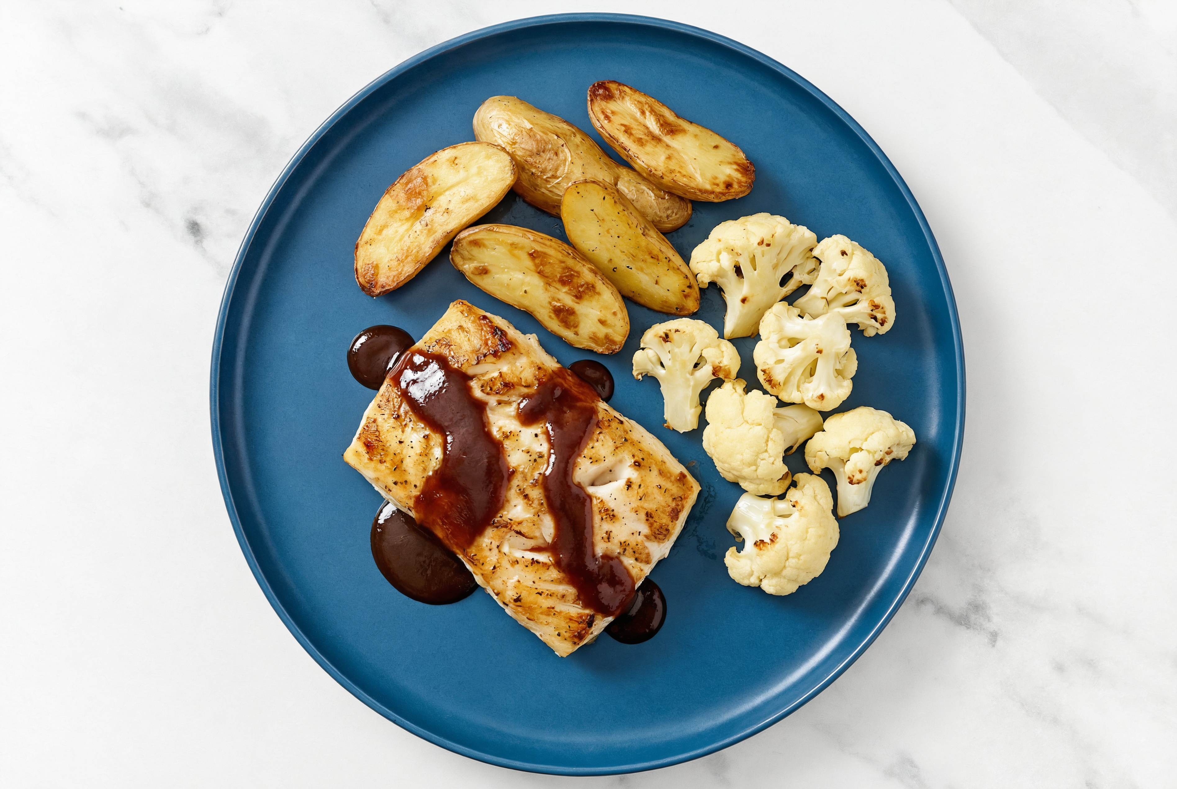 BBQ Wild Halibut with Fingerling Potatoes & Cauliflower