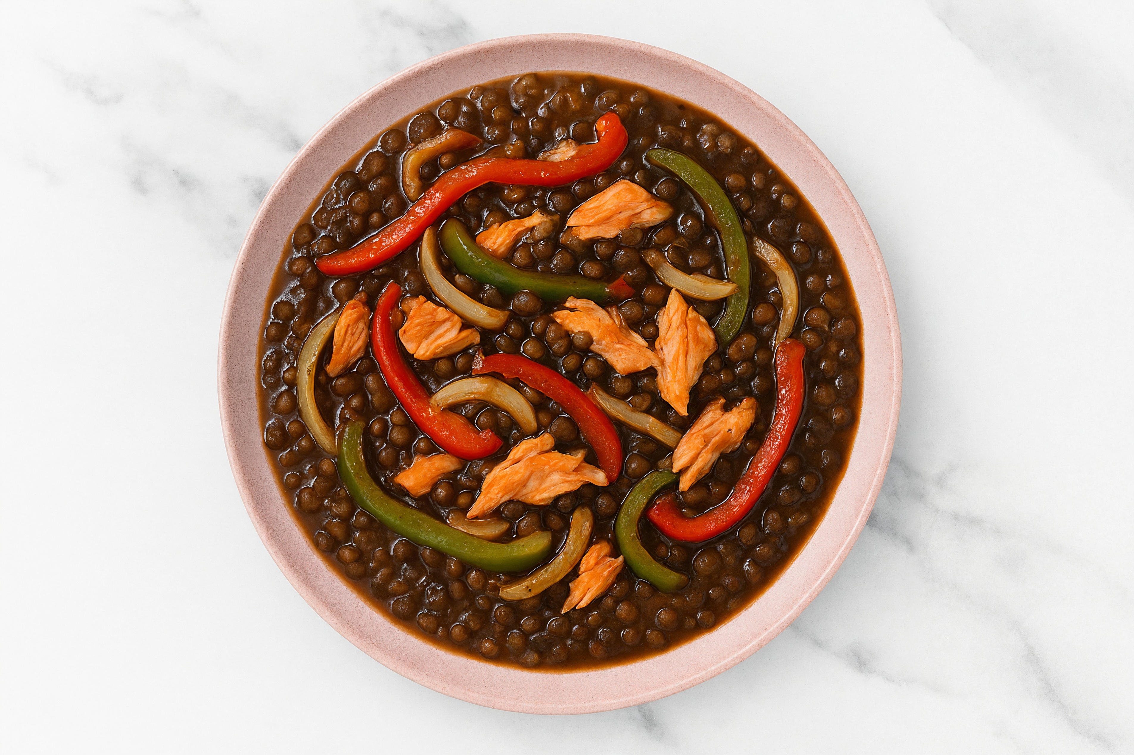 Salmon & Lentil Stew with Veggies with Bell Pepper Onion Saute