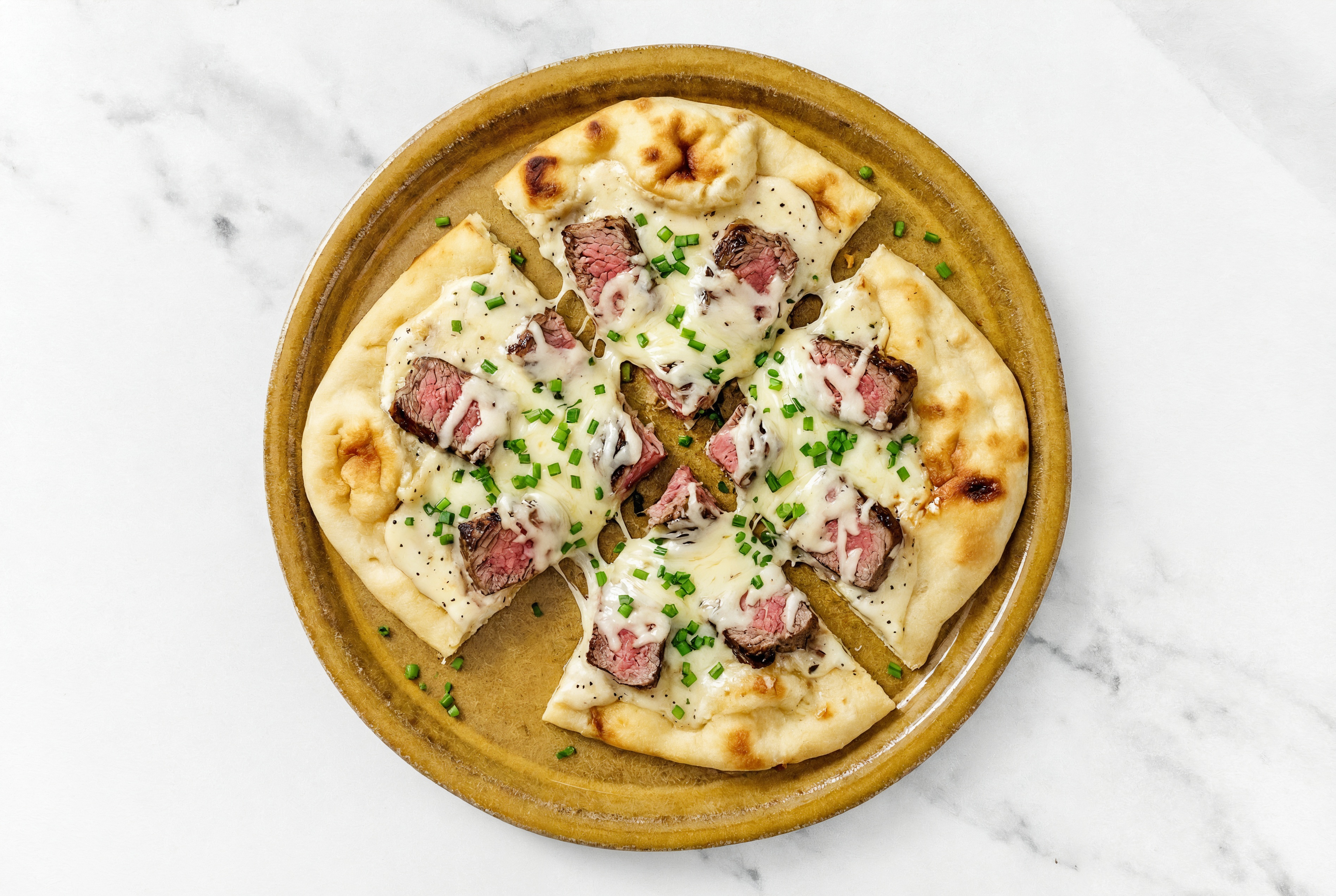 Creamy Wagyu Filet Naan Pizza with Mozzarella + Fresh Chives