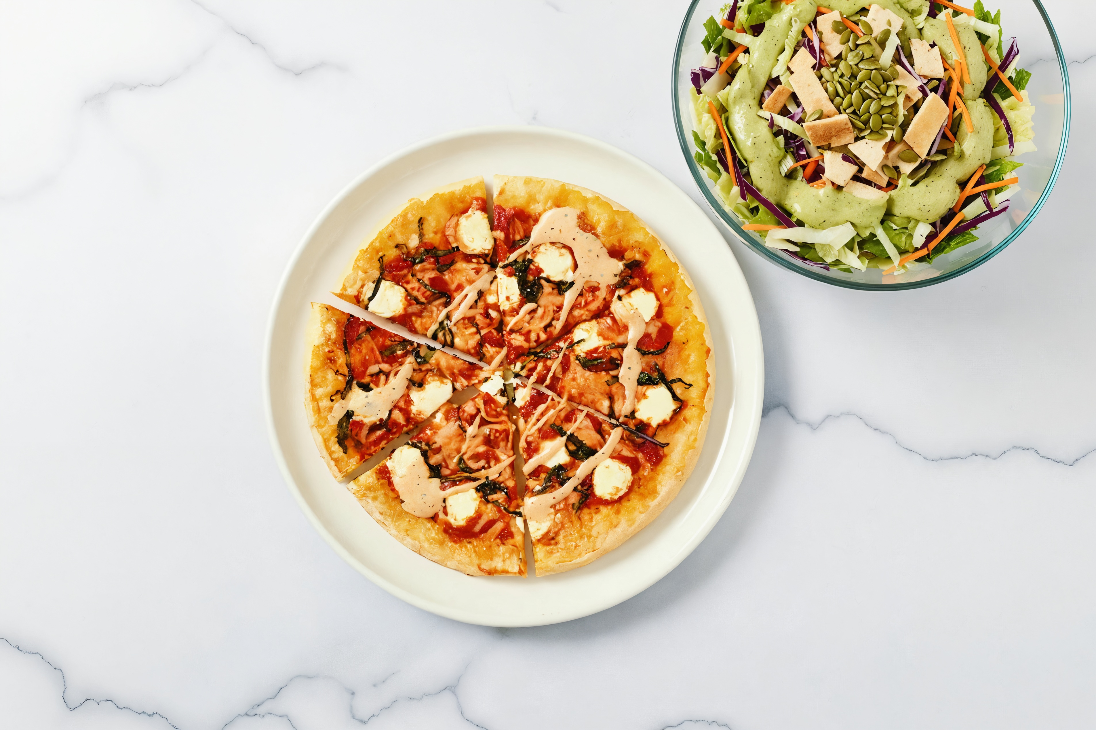 Craveable Pizza with Buffalo Ranch + Avocado Green Goddess Salad