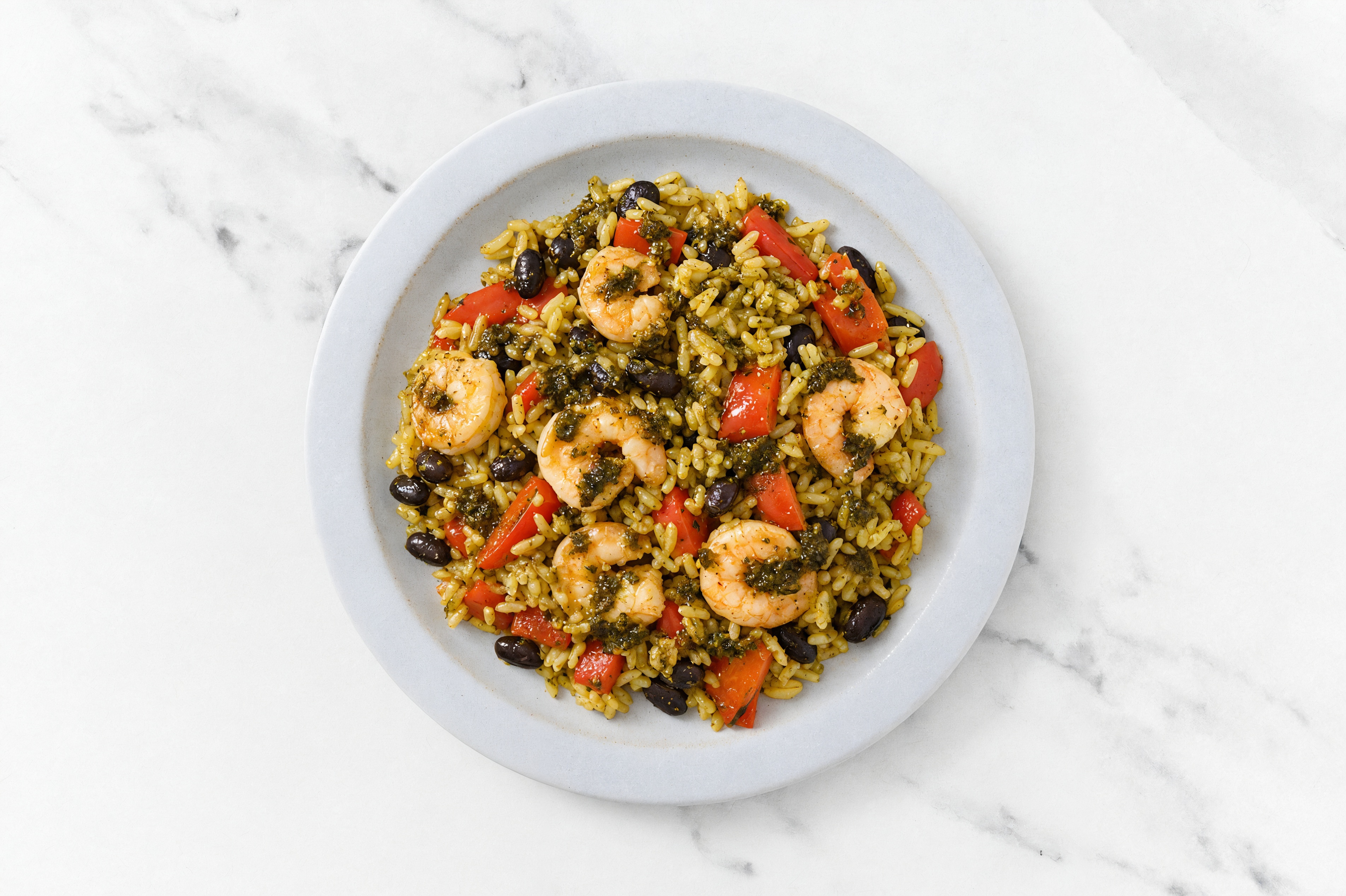 Herby Shrimp Fajita Rice with Beans Bowl with Red Bell Pepper