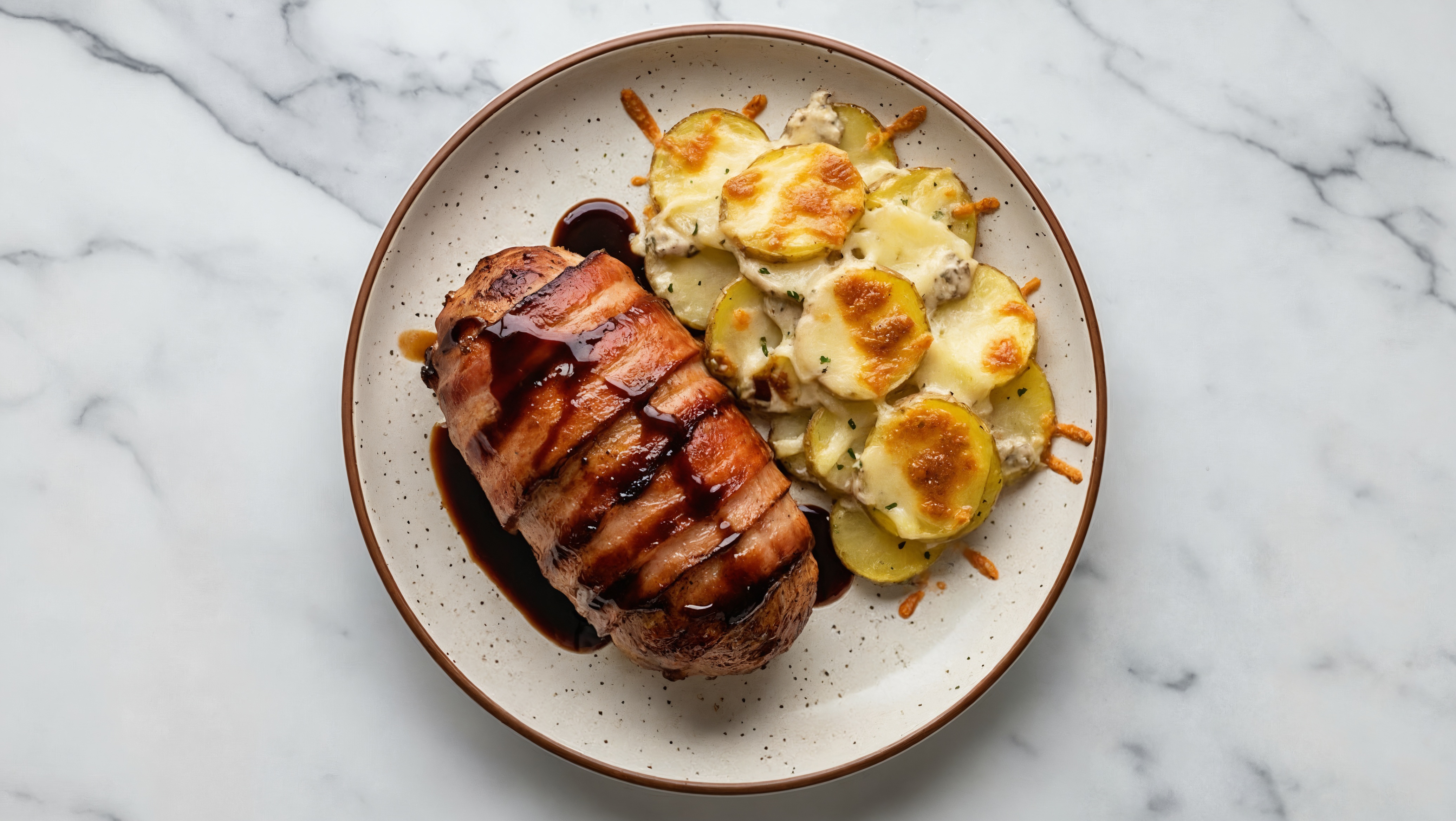 Herby Applewood Smoked Bacon Wrapped Pork Loin + Scalloped Potatoes
