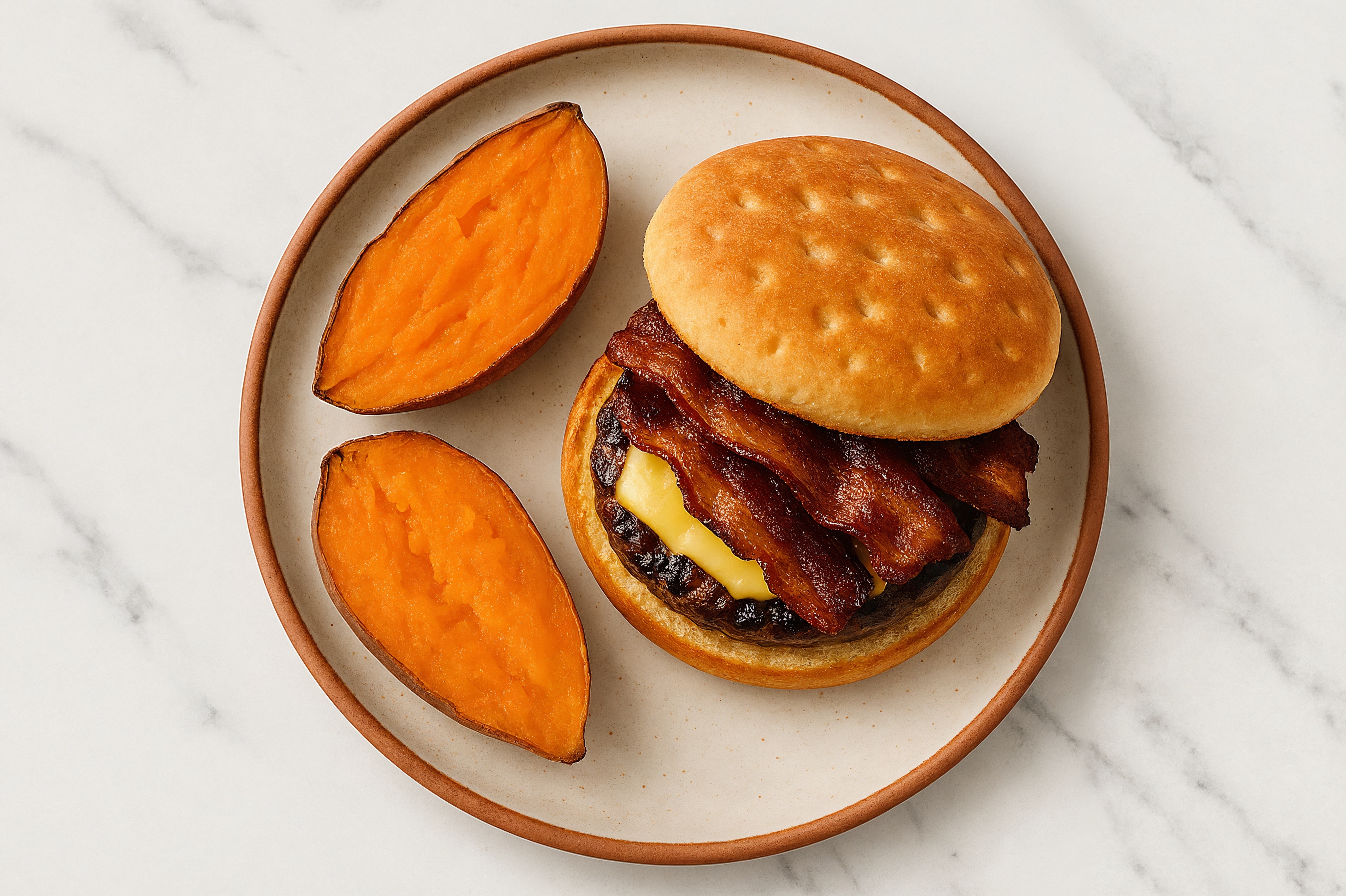 MyBacon Cheeseburger with Baked Sweet Potato with Ground Beef Patties