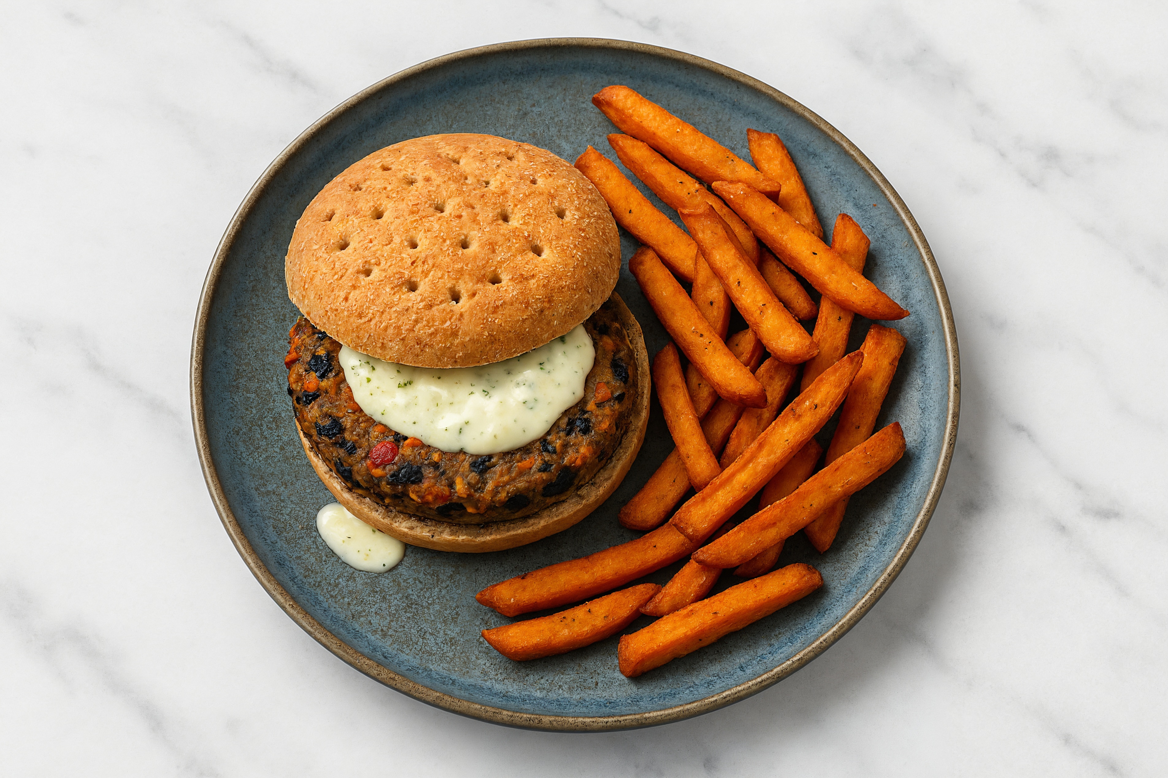 Herby Black Bean + Tzatziki Burger with Sweet Potato Fries