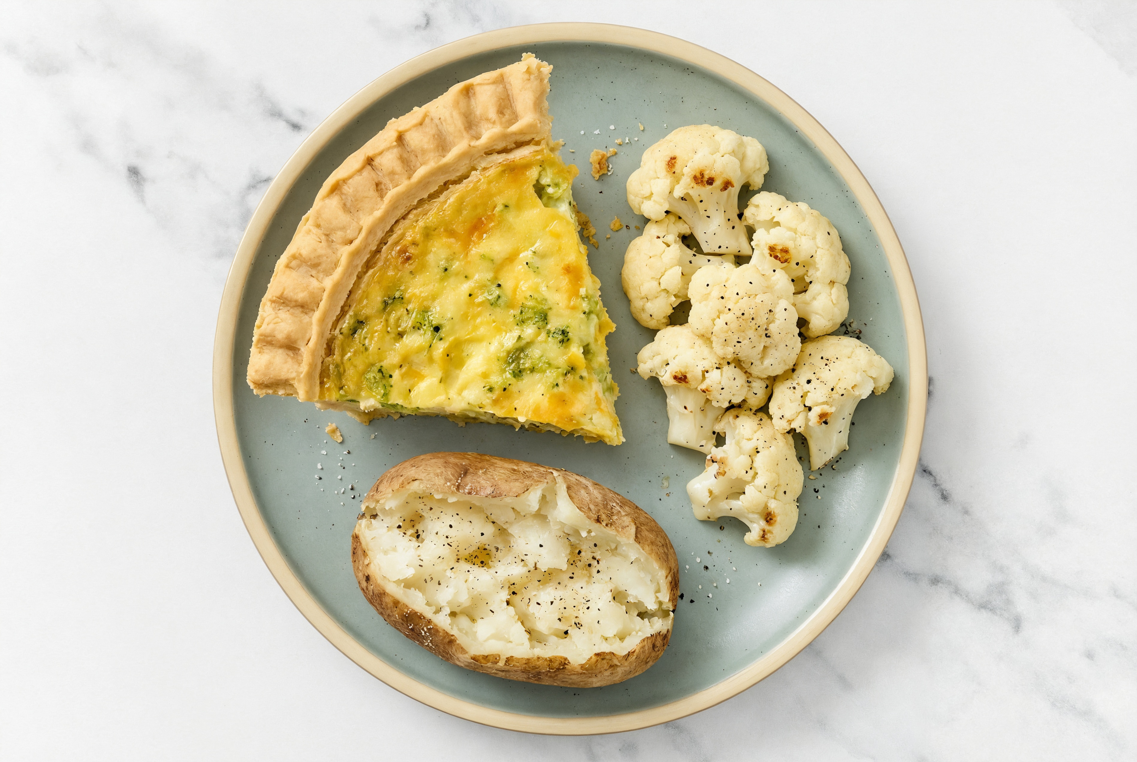 Broccoli & Cheddar Quiche with Cauliflower Florets & Russet Potato