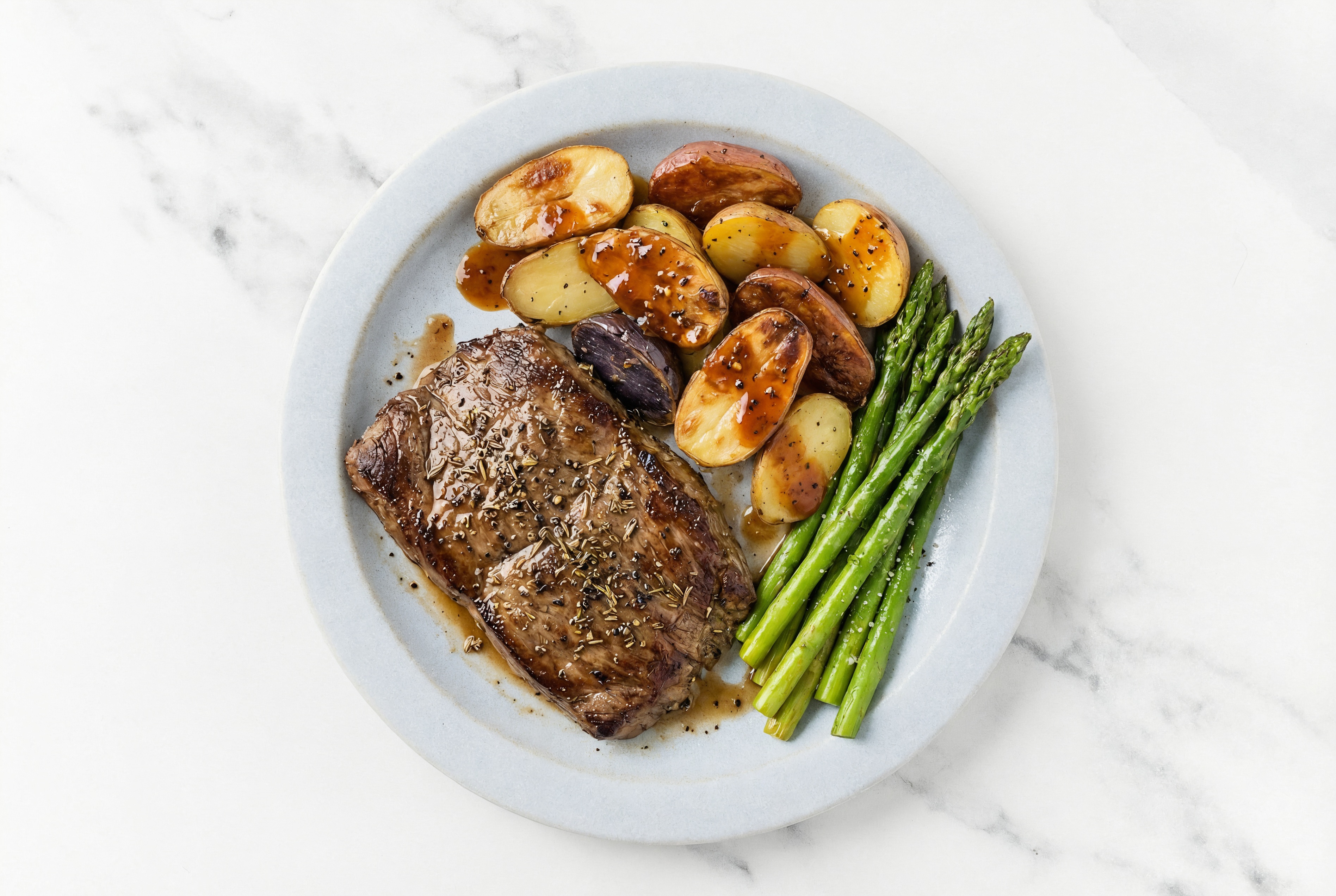 Flank Steaks with Hickory Potatoes + Asparagus