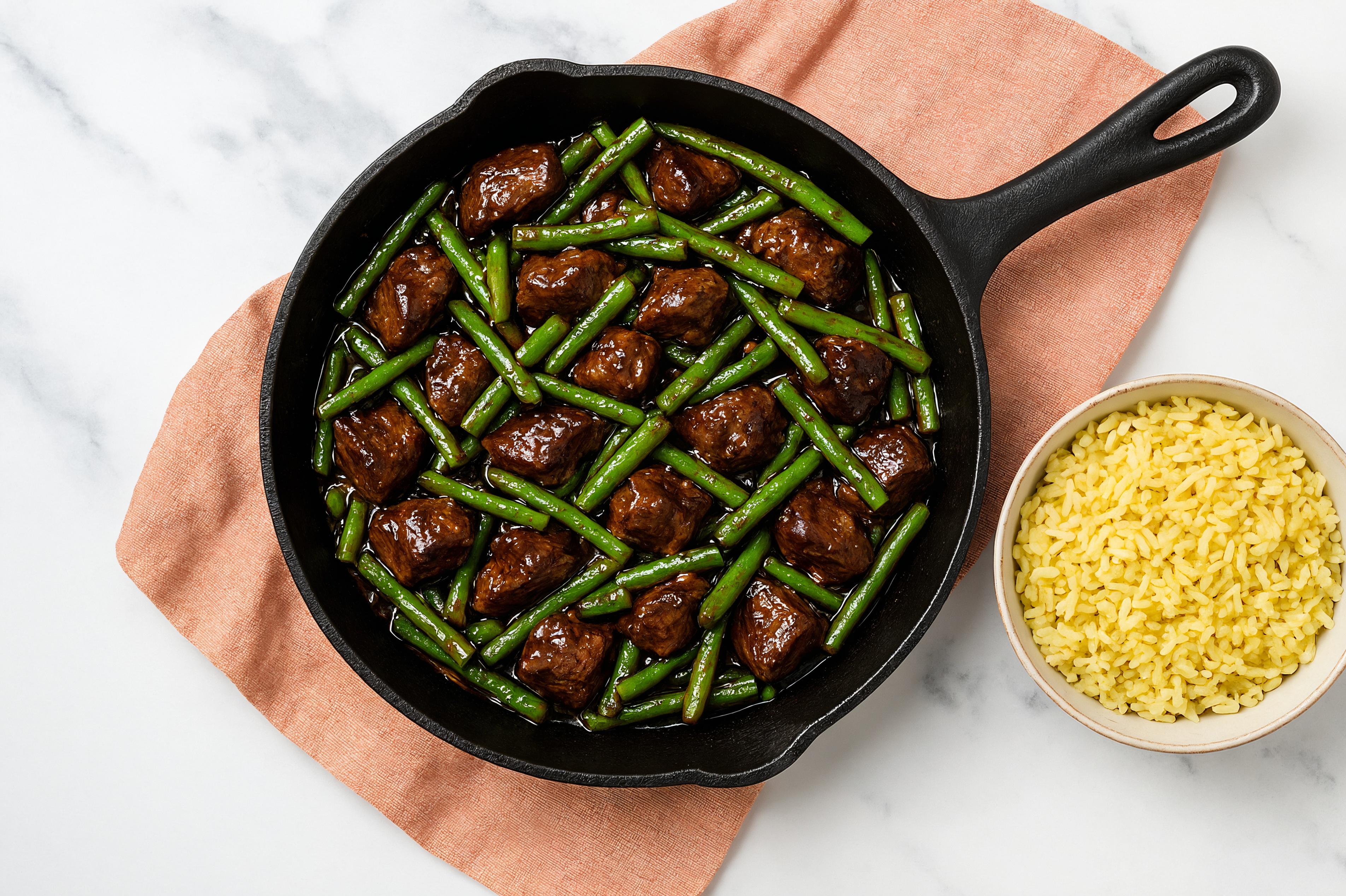 Tangy Pepper Beef Sirloin Stir-Fry with Green Beans over Jasmine Rice