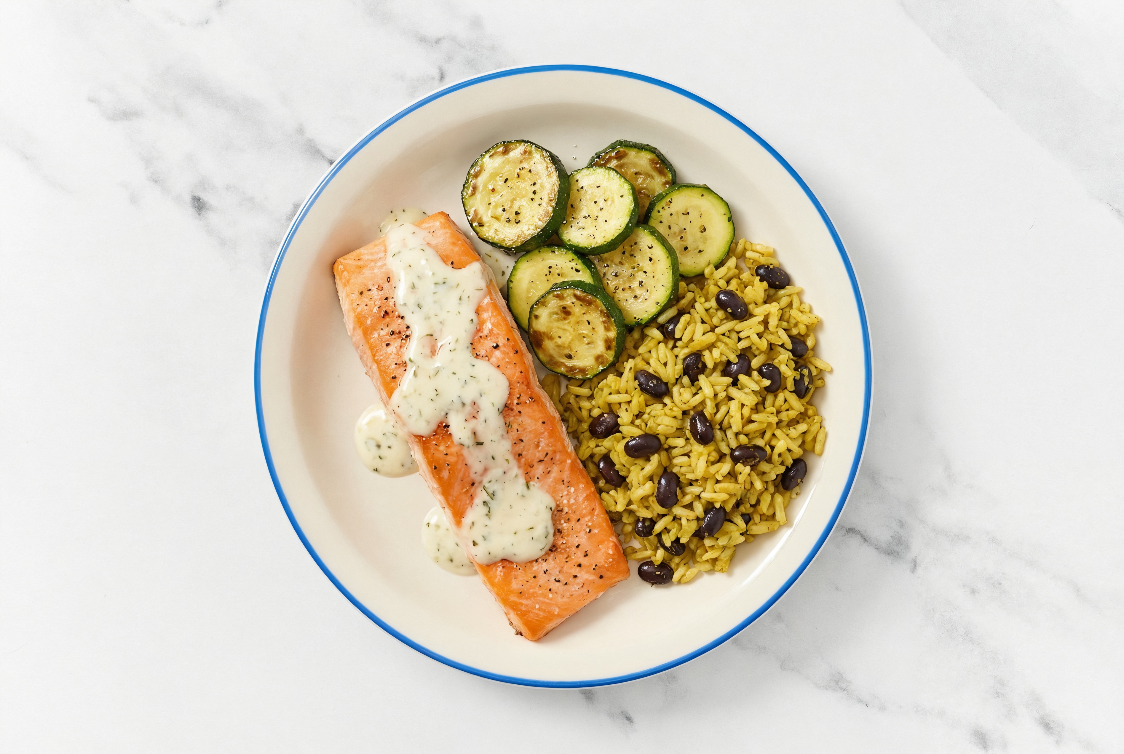 Roasted Salmon with Zucchini + Garlic Sauce with Seasoned White Rice + Black Beans