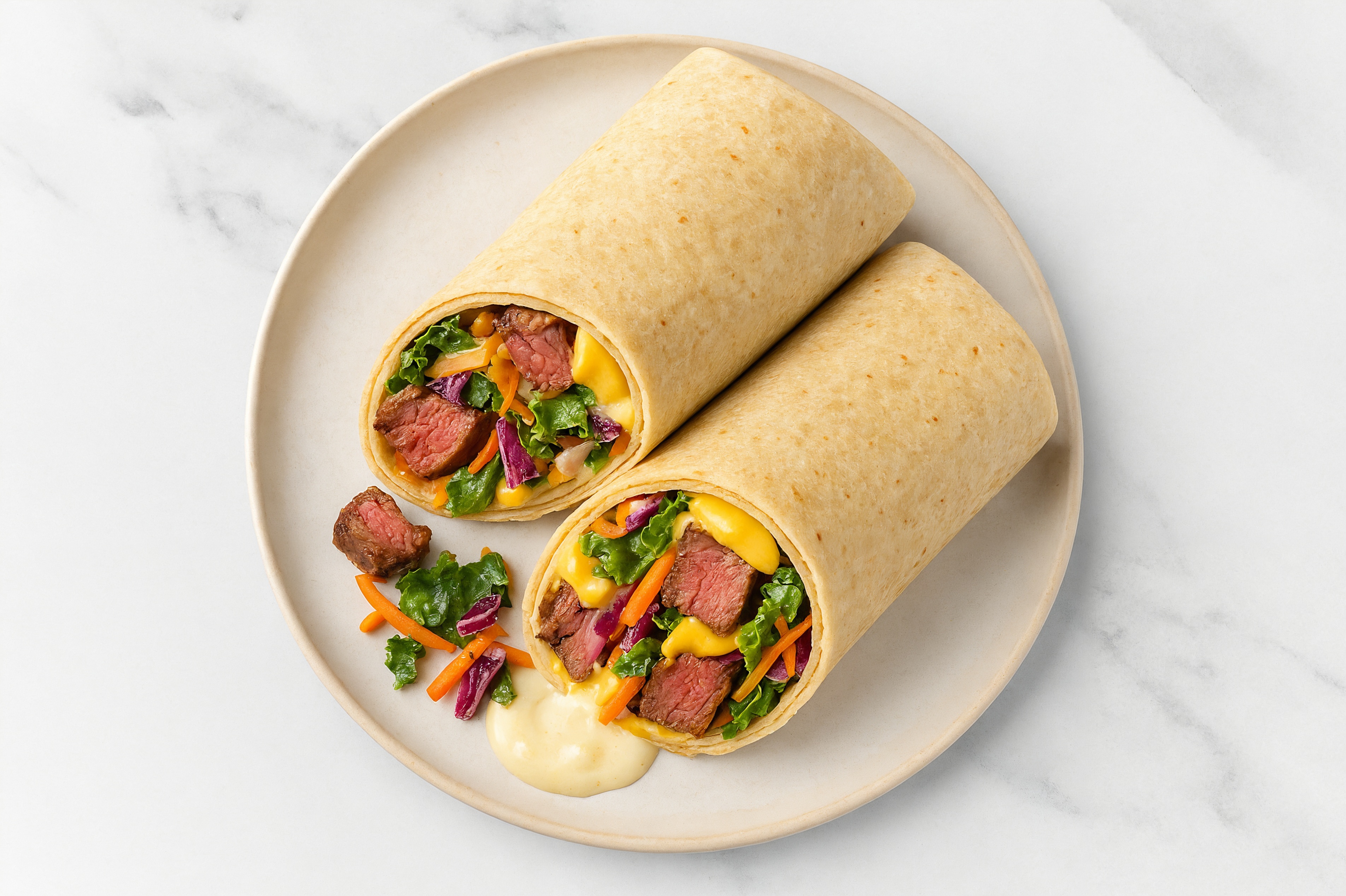Garlic Sliced Steak + Vegan Cheddar Tortilla Wraps with Rainbow Veggies
